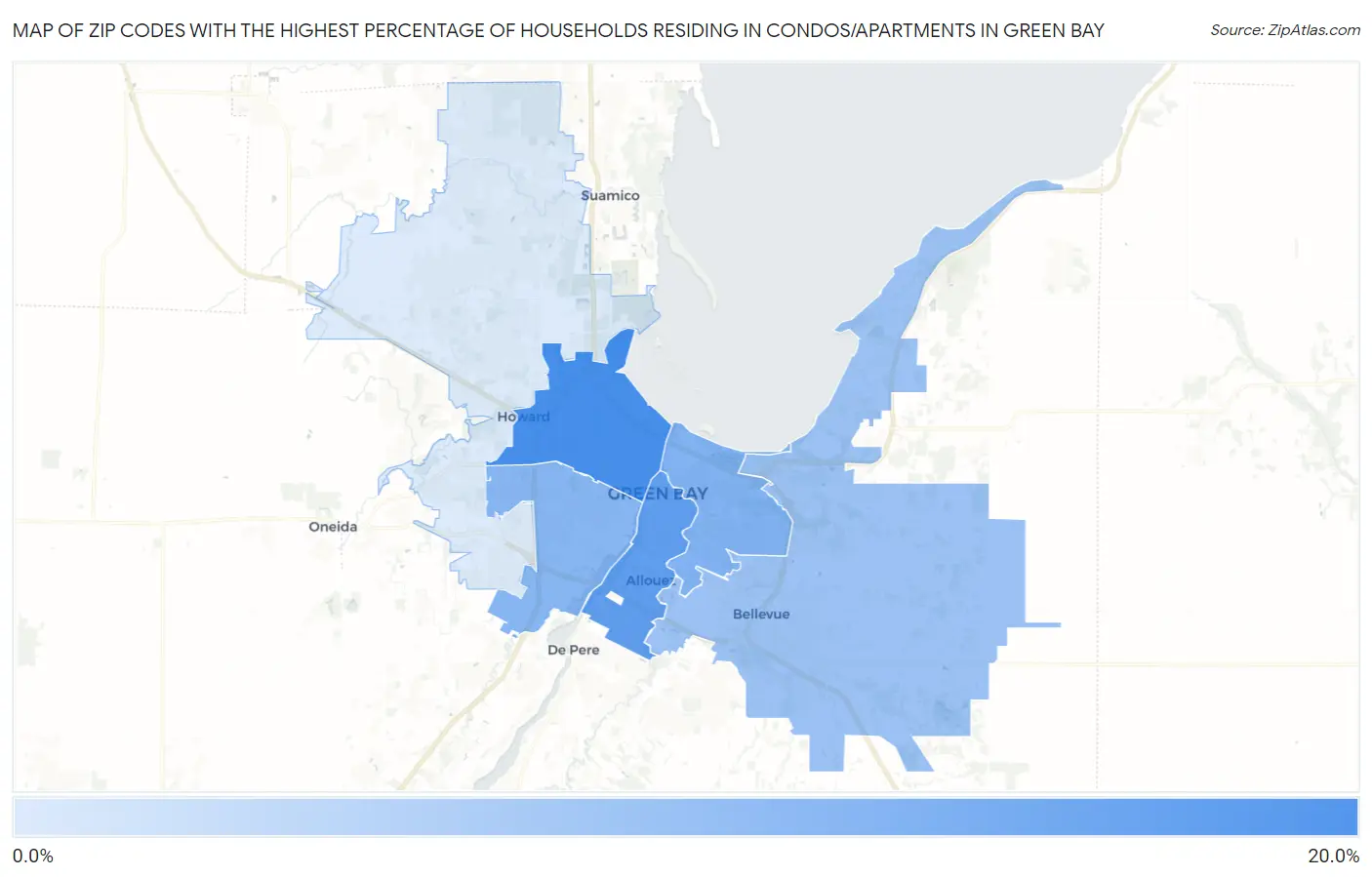 Zip Codes with the Highest Percentage of Households Residing in Condos/Apartments in Green Bay Map