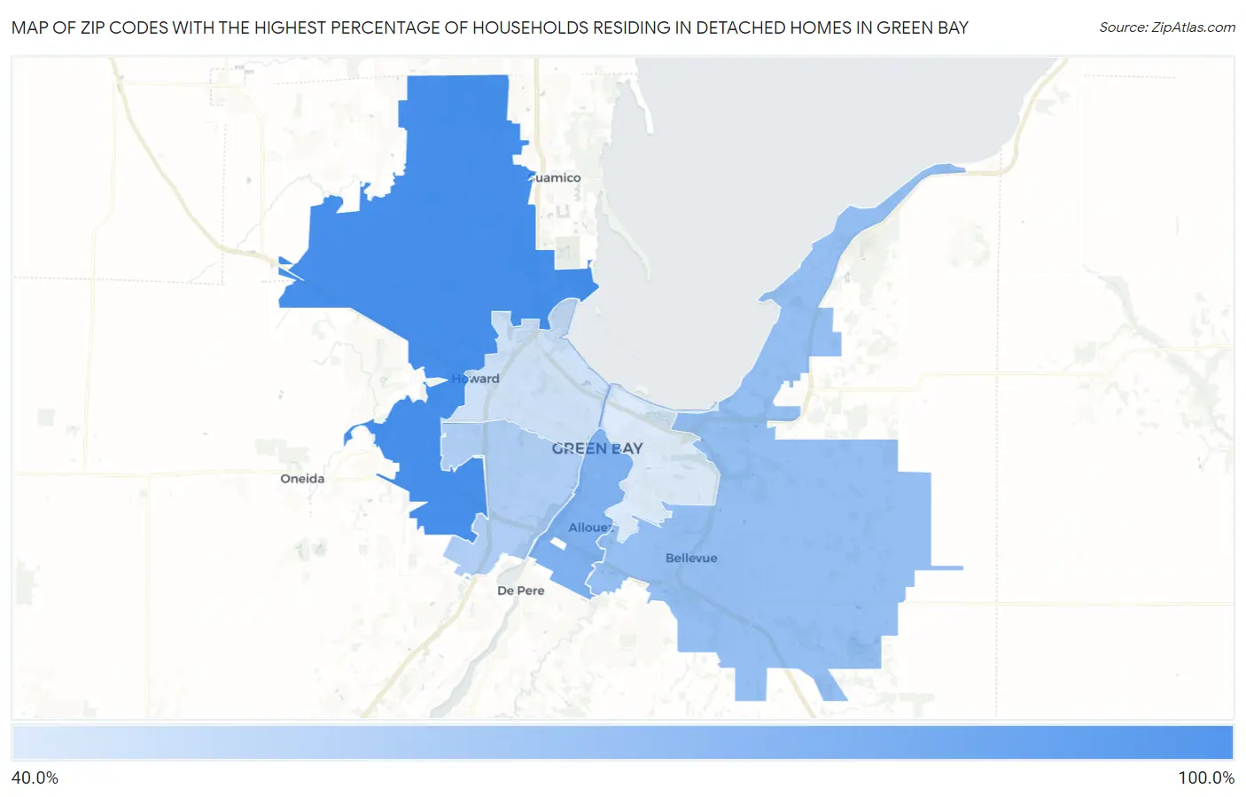 Zip Codes with the Highest Percentage of Households Residing in Detached Homes in Green Bay Map