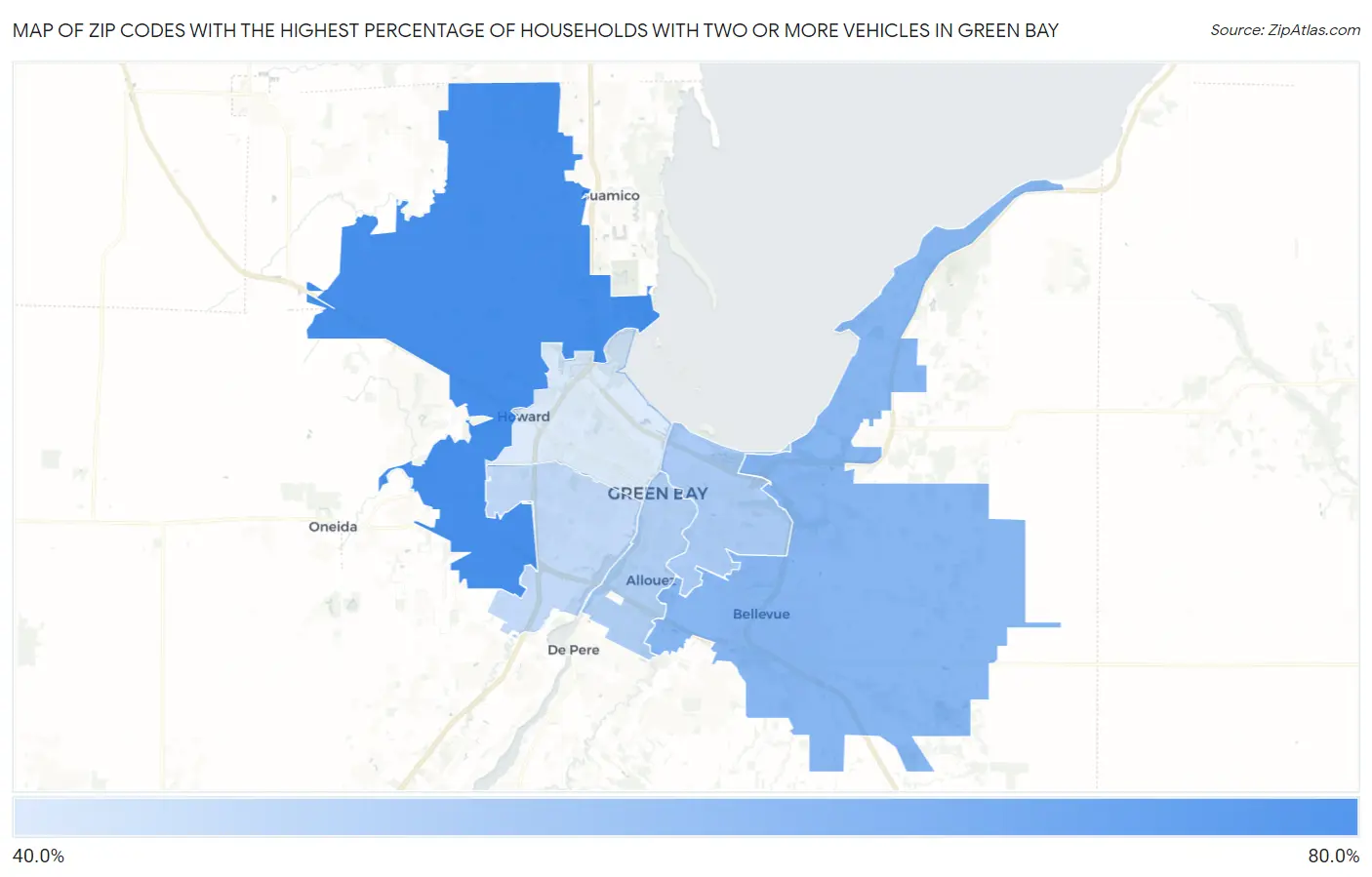 Zip Codes with the Highest Percentage of Households With Two or more Vehicles in Green Bay Map