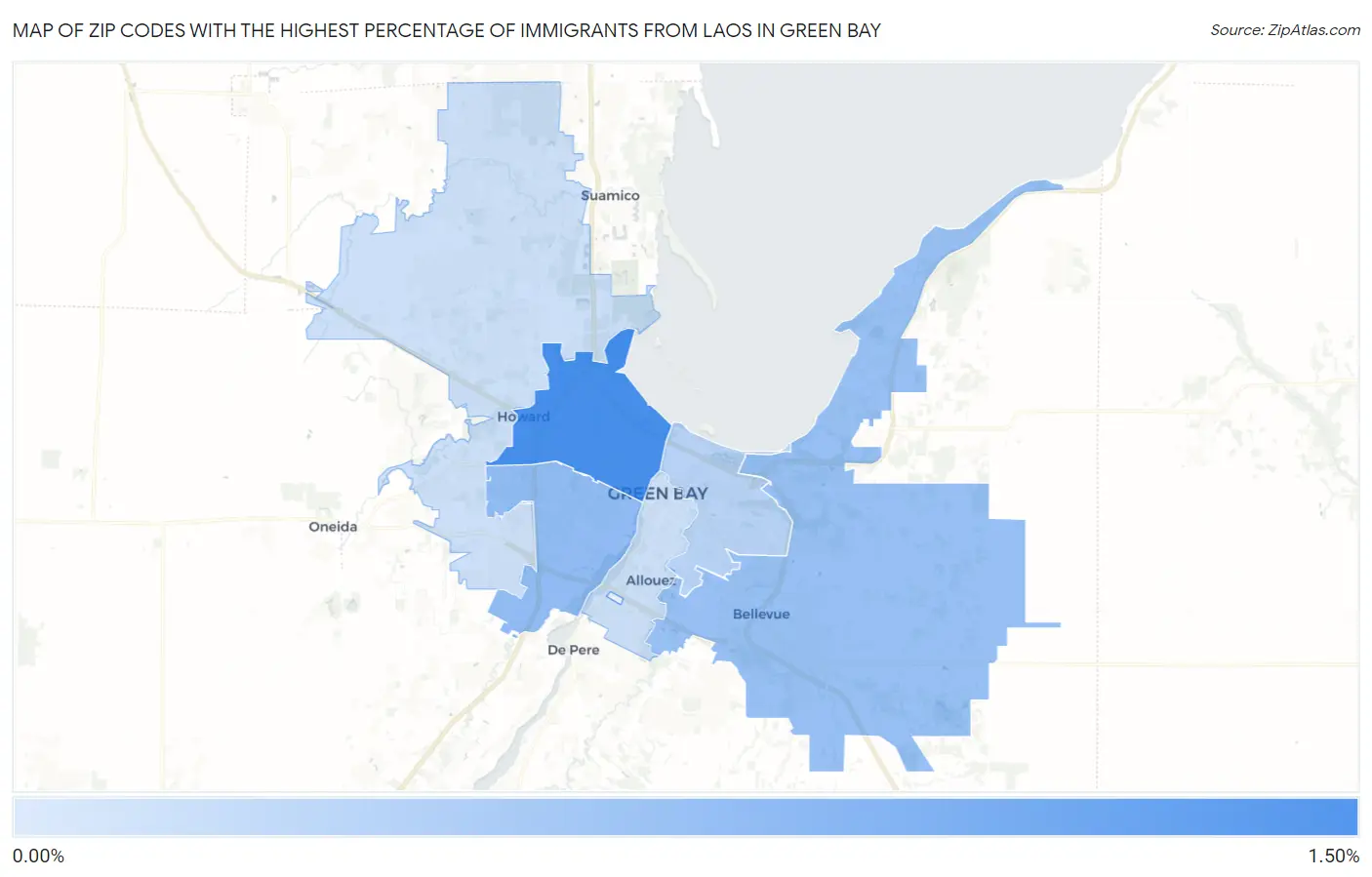 Zip Codes with the Highest Percentage of Immigrants from Laos in Green Bay Map