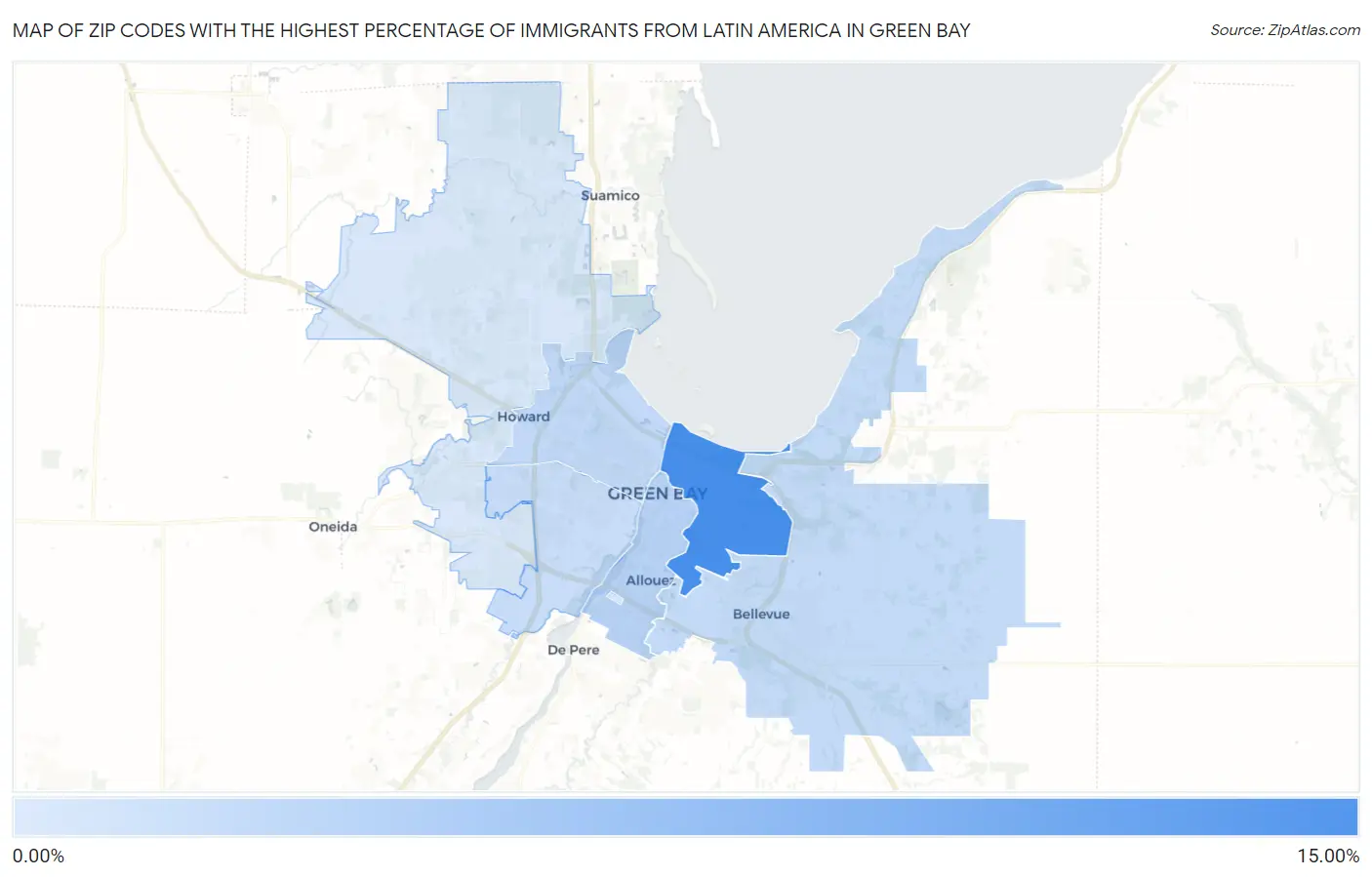 Zip Codes with the Highest Percentage of Immigrants from Latin America in Green Bay Map