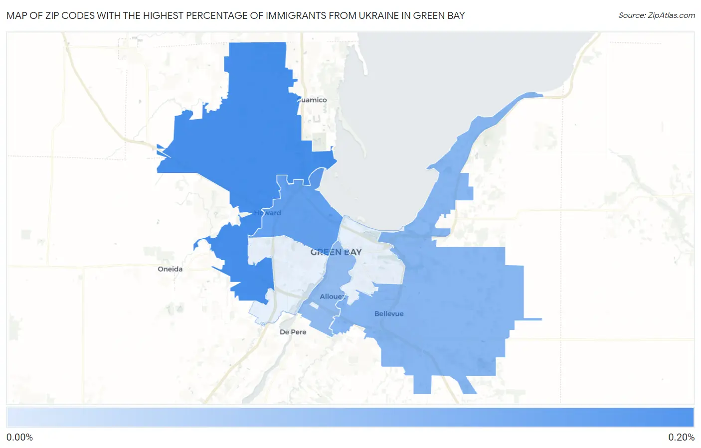 Zip Codes with the Highest Percentage of Immigrants from Ukraine in Green Bay Map