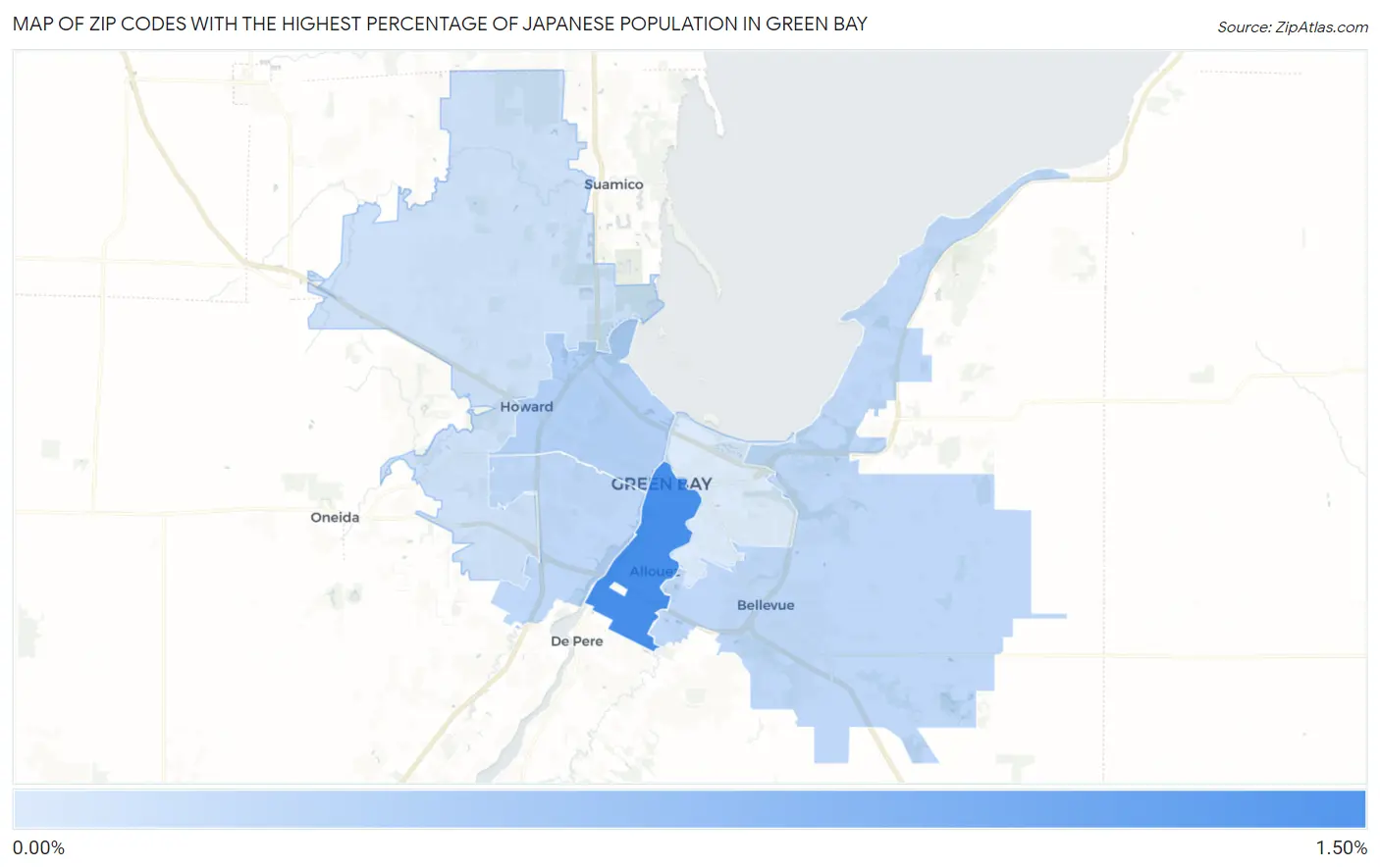 Zip Codes with the Highest Percentage of Japanese Population in Green Bay Map