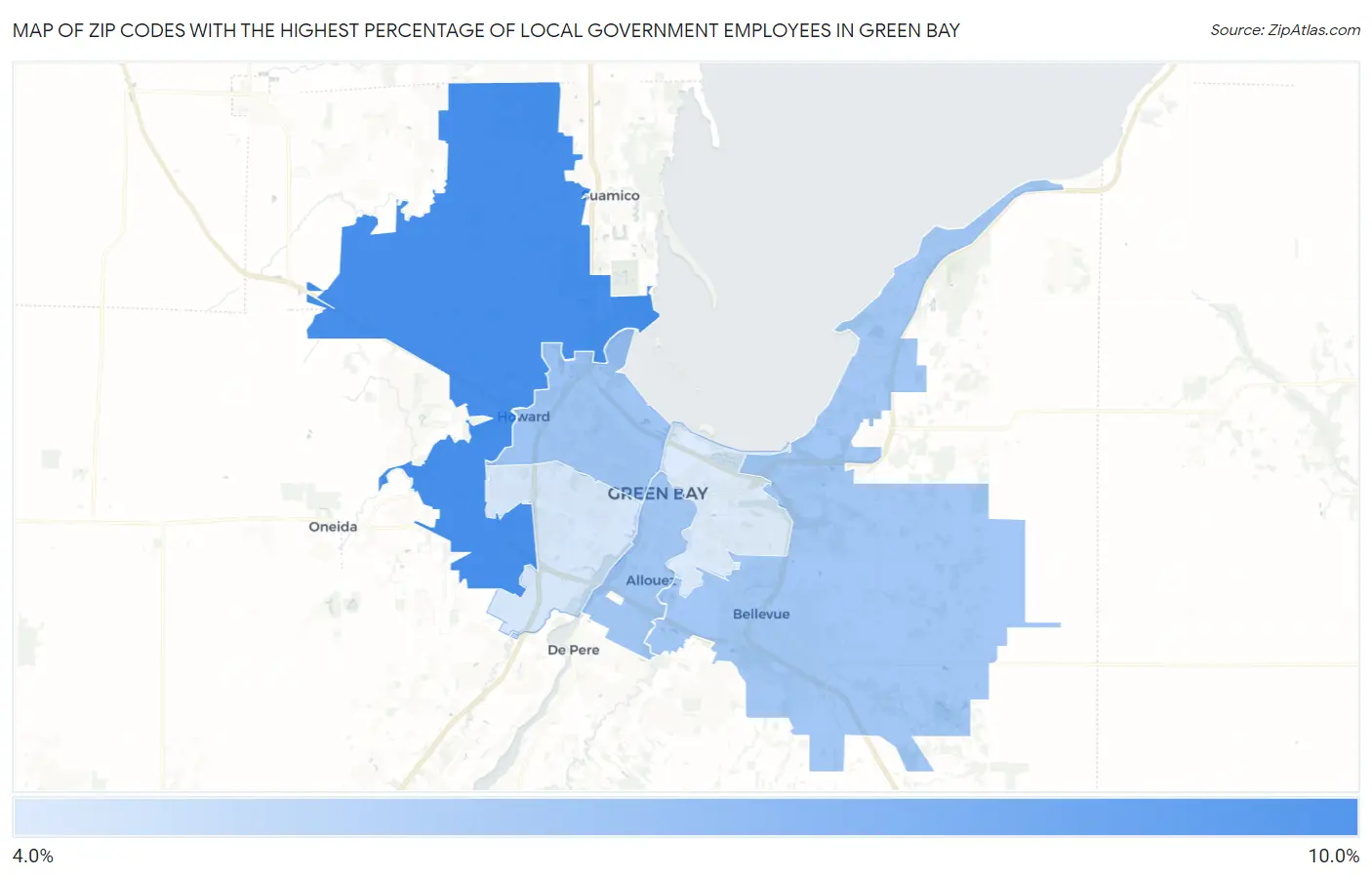 Zip Codes with the Highest Percentage of Local Government Employees in Green Bay Map