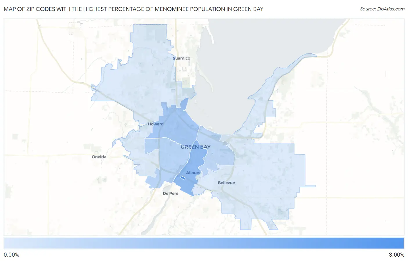 Zip Codes with the Highest Percentage of Menominee Population in Green Bay Map