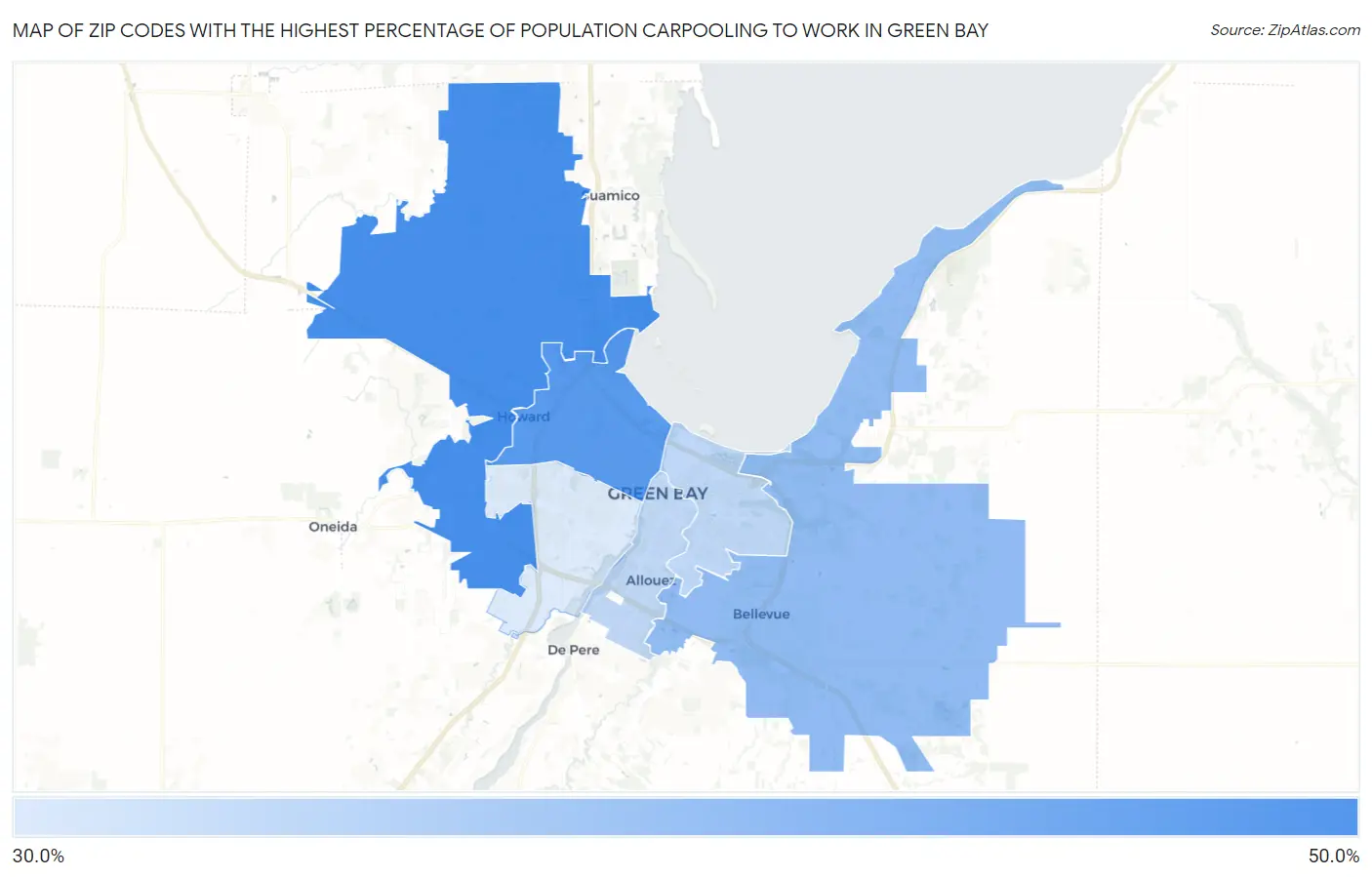 Zip Codes with the Highest Percentage of Population Carpooling to Work in Green Bay Map