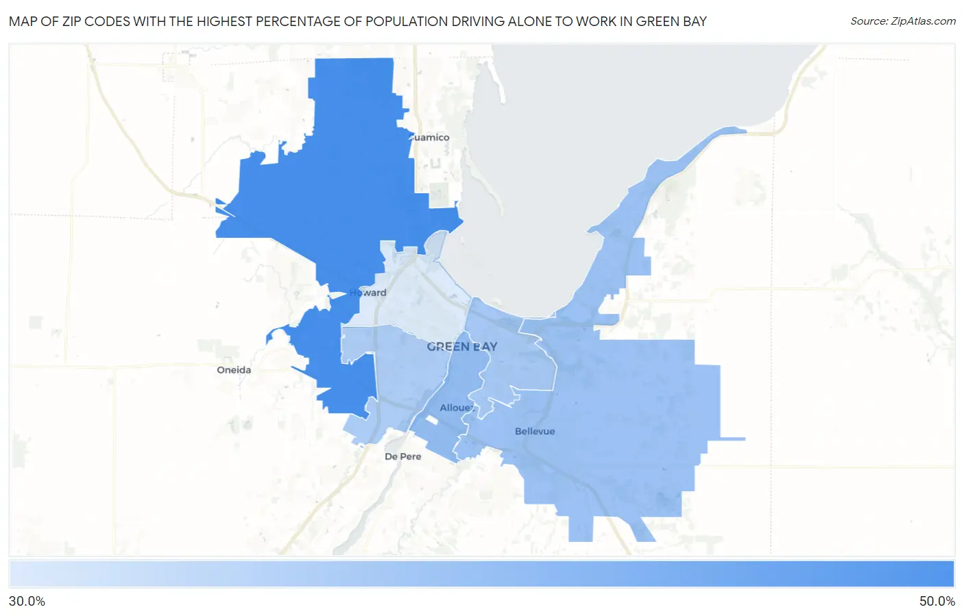 Zip Codes with the Highest Percentage of Population Driving Alone to Work in Green Bay Map
