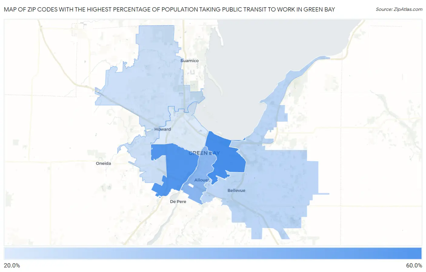 Zip Codes with the Highest Percentage of Population Taking Public Transit to Work in Green Bay Map