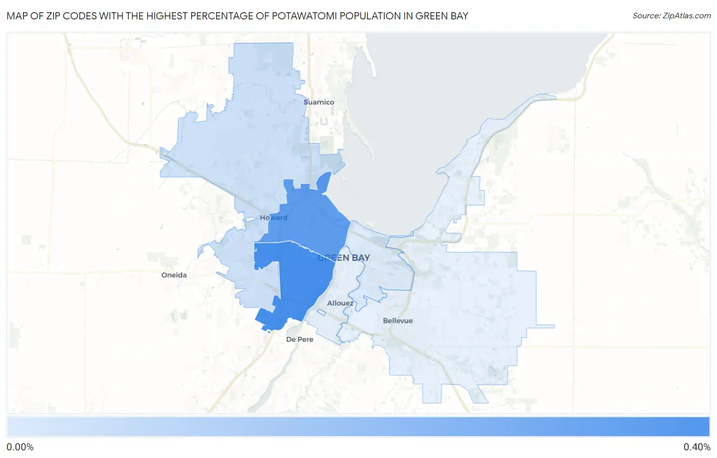 Zip Codes with the Highest Percentage of Potawatomi Population in Green Bay Map