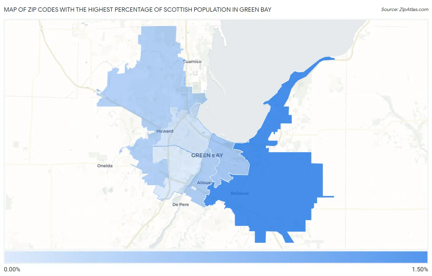Zip Codes with the Highest Percentage of Scottish Population in Green Bay Map