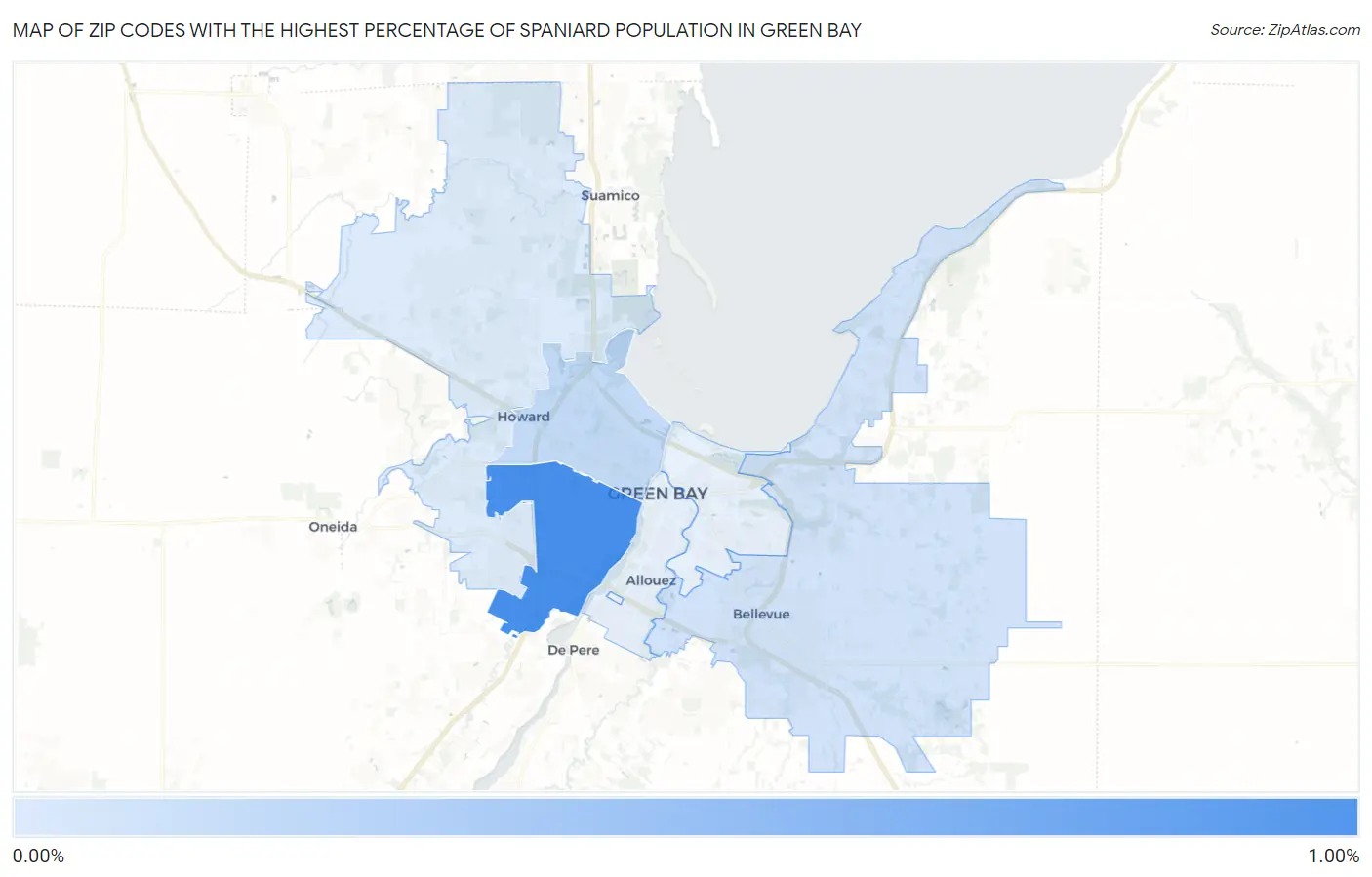 Zip Codes with the Highest Percentage of Spaniard Population in Green Bay Map