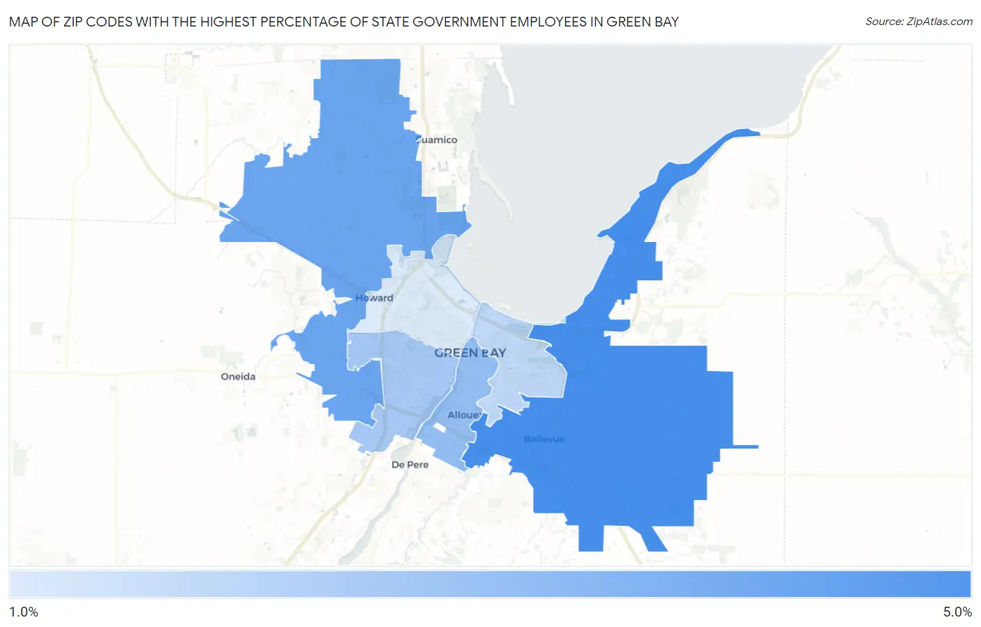 Zip Codes with the Highest Percentage of State Government Employees in Green Bay Map