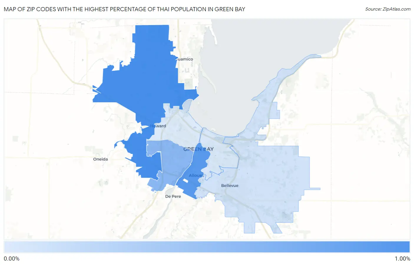 Zip Codes with the Highest Percentage of Thai Population in Green Bay Map