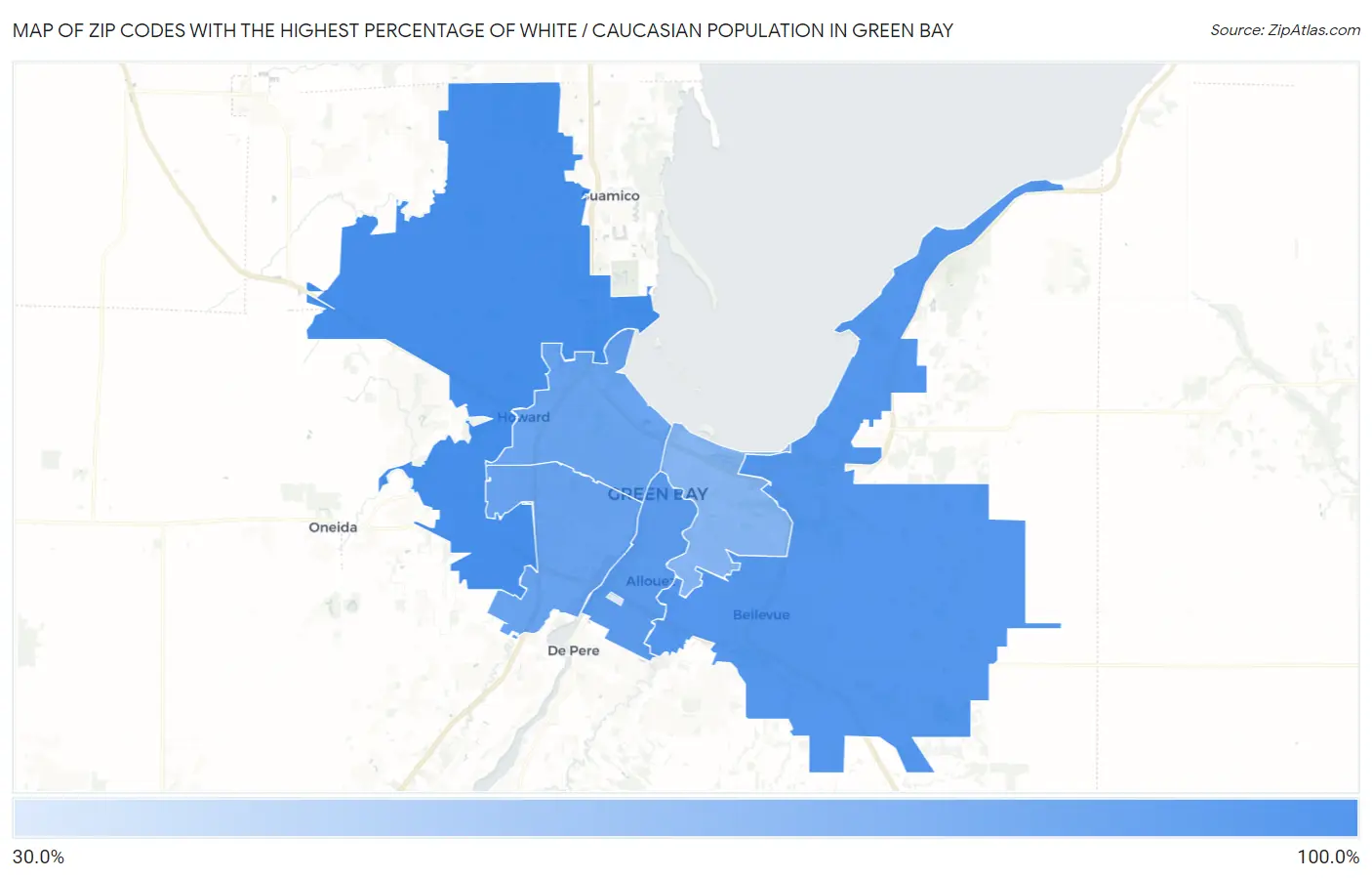 Zip Codes with the Highest Percentage of White / Caucasian Population in Green Bay Map