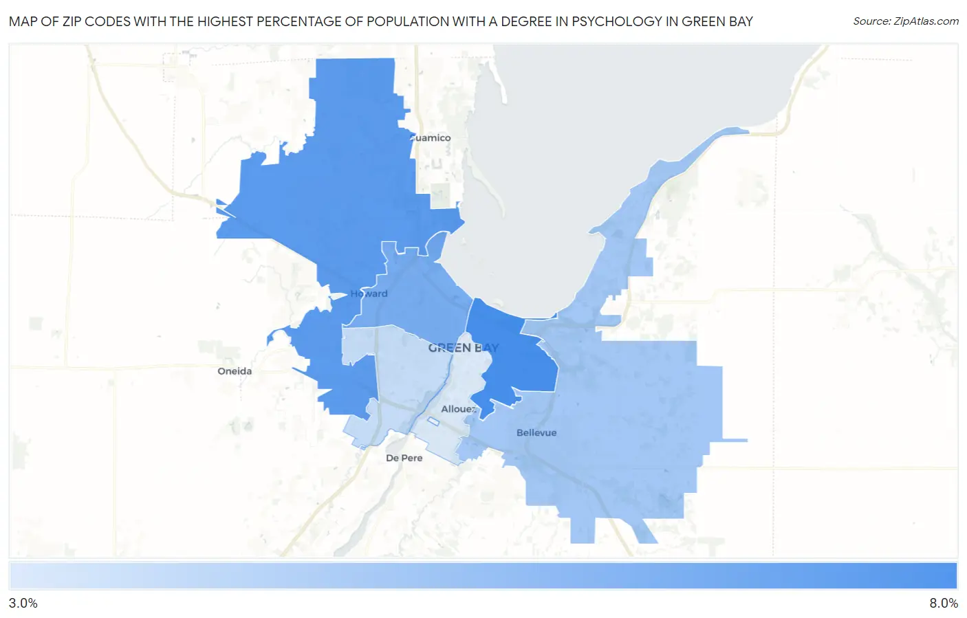 Zip Codes with the Highest Percentage of Population with a Degree in Psychology in Green Bay Map