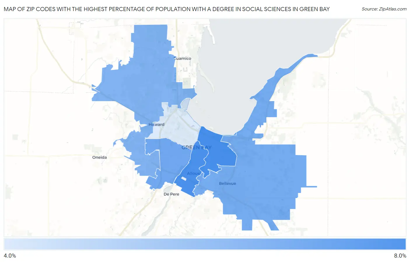 Zip Codes with the Highest Percentage of Population with a Degree in Social Sciences in Green Bay Map