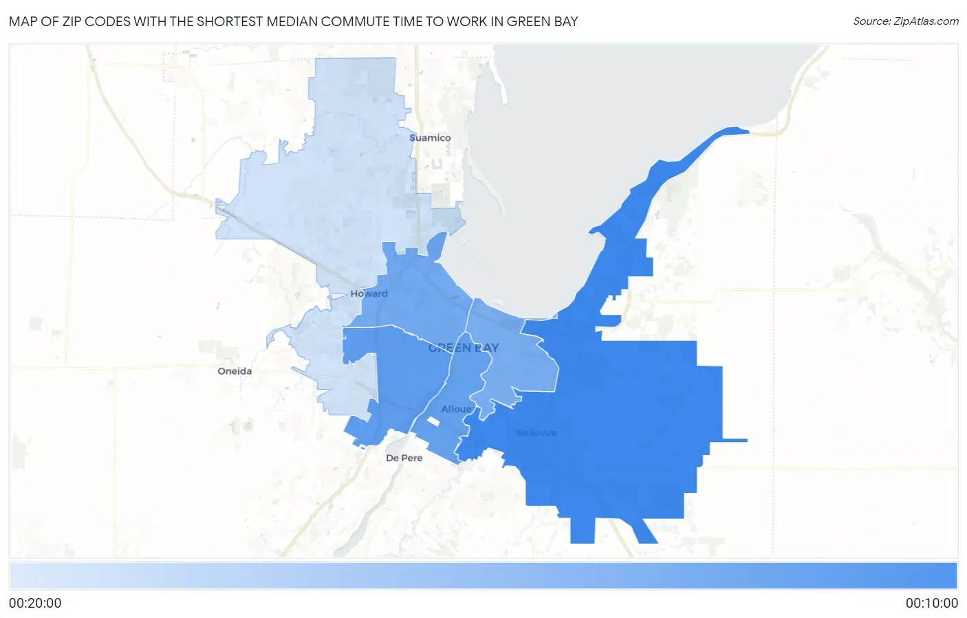 Zip Codes with the Shortest Median Commute Time to Work in Green Bay Map