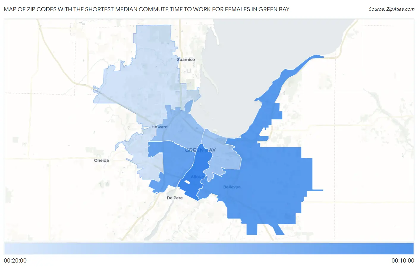 Zip Codes with the Shortest Median Commute Time to Work for Females in Green Bay Map