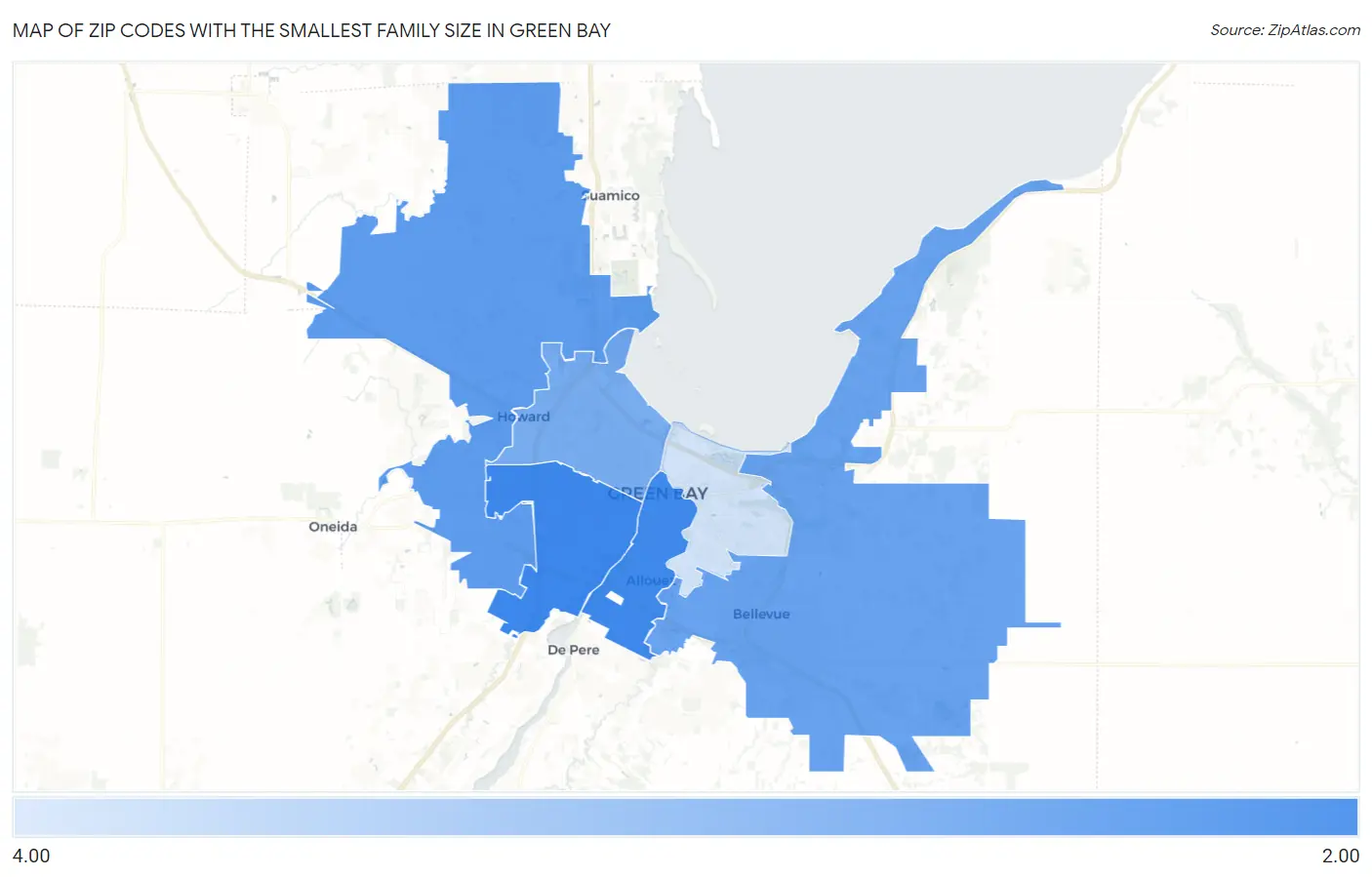 Zip Codes with the Smallest Family Size in Green Bay Map