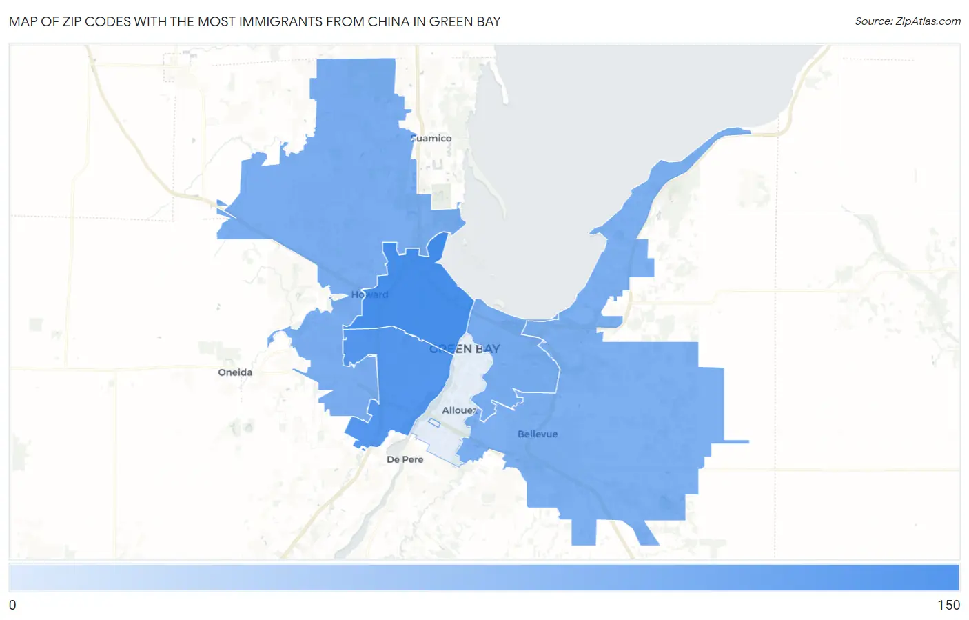 Zip Codes with the Most Immigrants from China in Green Bay Map