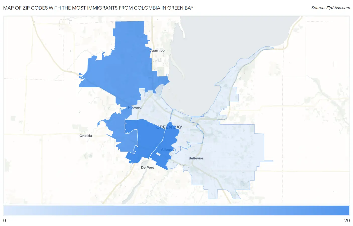 Zip Codes with the Most Immigrants from Colombia in Green Bay Map