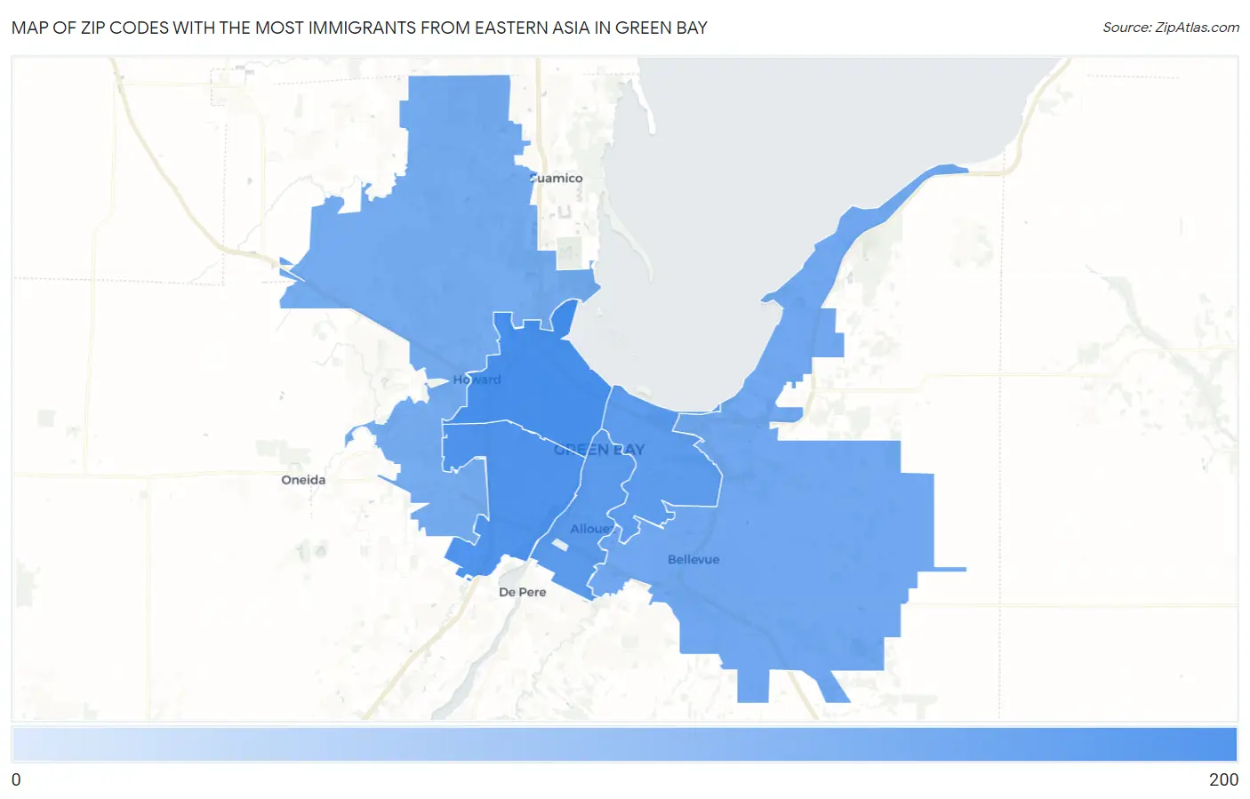 Zip Codes with the Most Immigrants from Eastern Asia in Green Bay Map