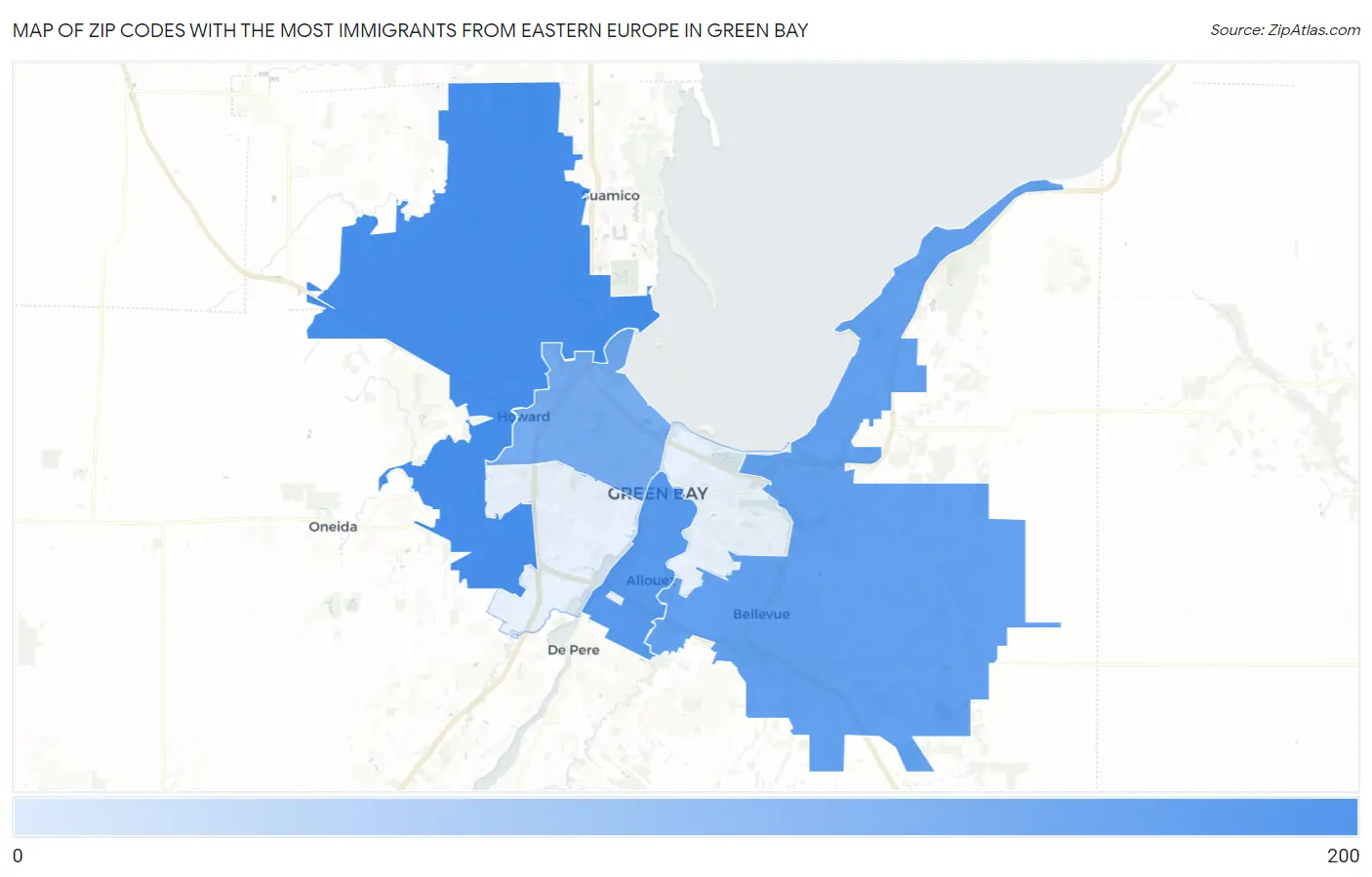 Zip Codes with the Most Immigrants from Eastern Europe in Green Bay Map