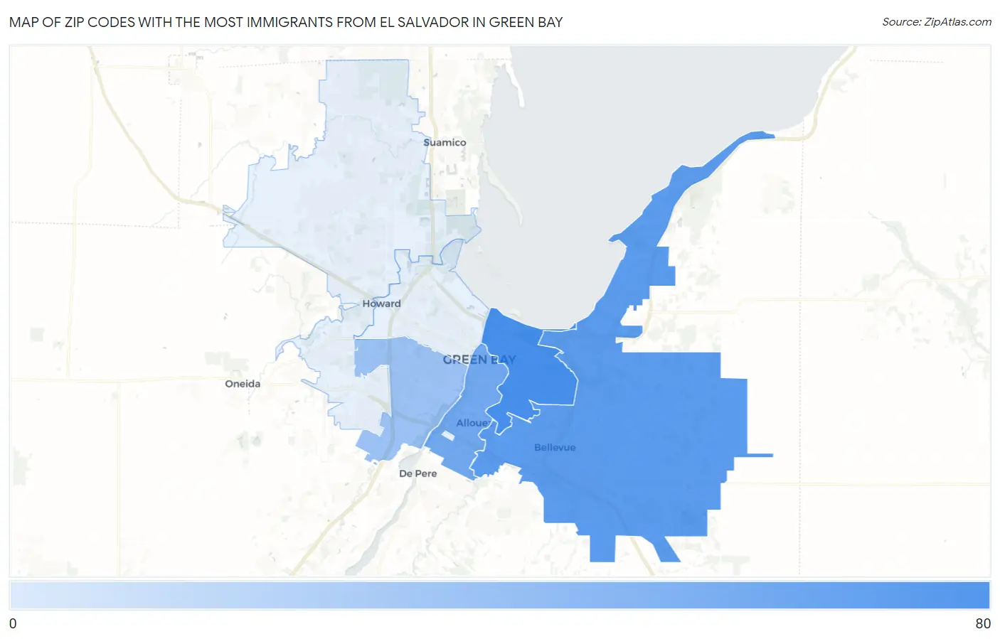 Zip Codes with the Most Immigrants from El Salvador in Green Bay Map