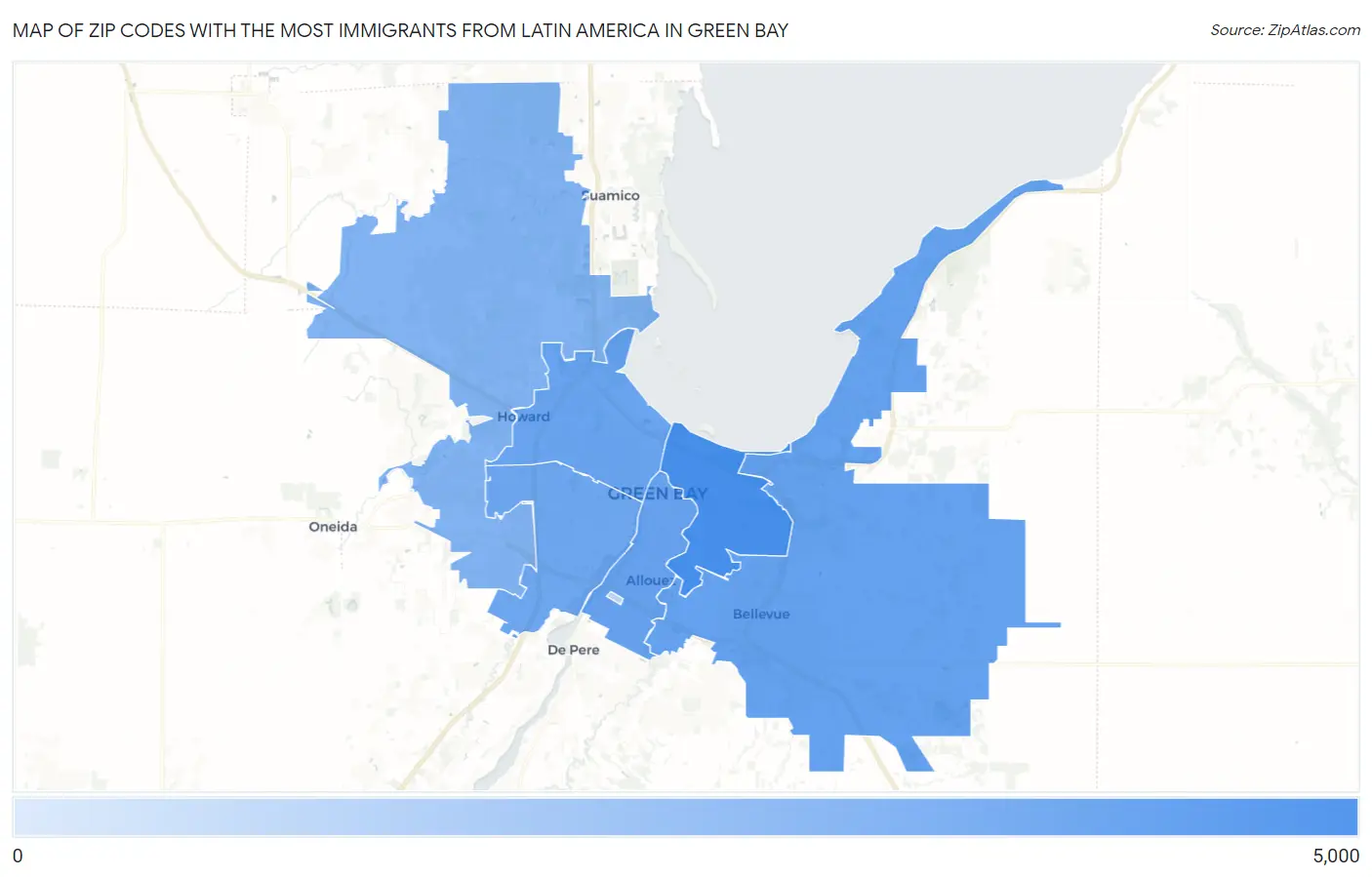 Zip Codes with the Most Immigrants from Latin America in Green Bay Map