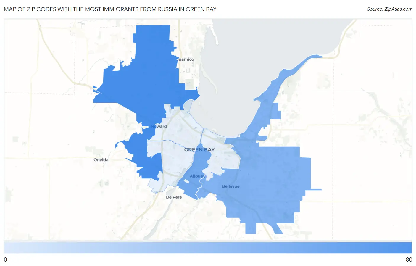 Zip Codes with the Most Immigrants from Russia in Green Bay Map