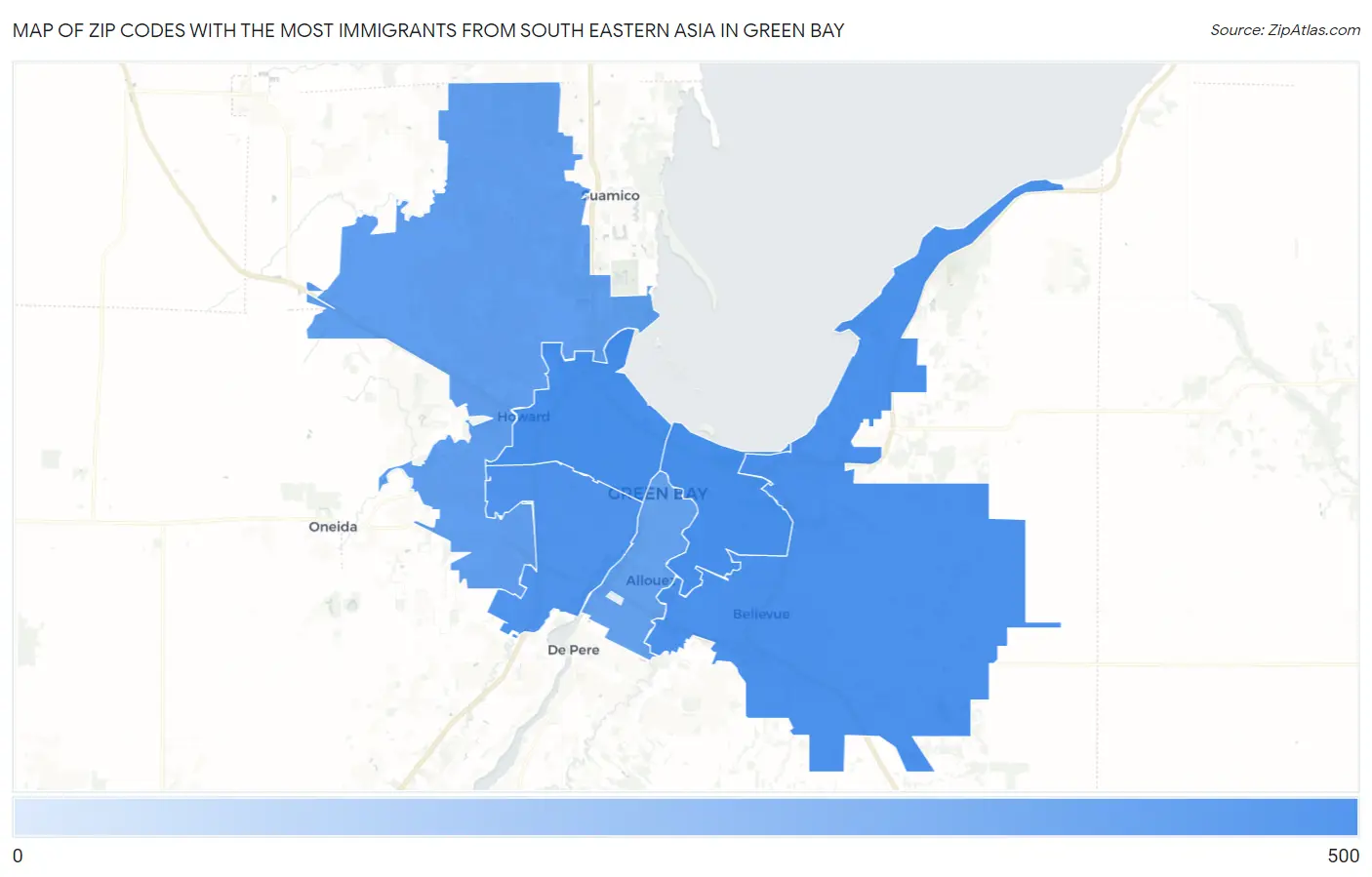 Zip Codes with the Most Immigrants from South Eastern Asia in Green Bay Map