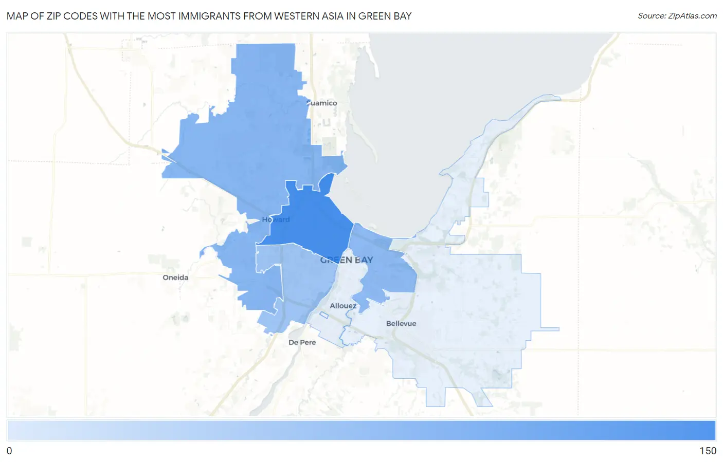 Zip Codes with the Most Immigrants from Western Asia in Green Bay Map