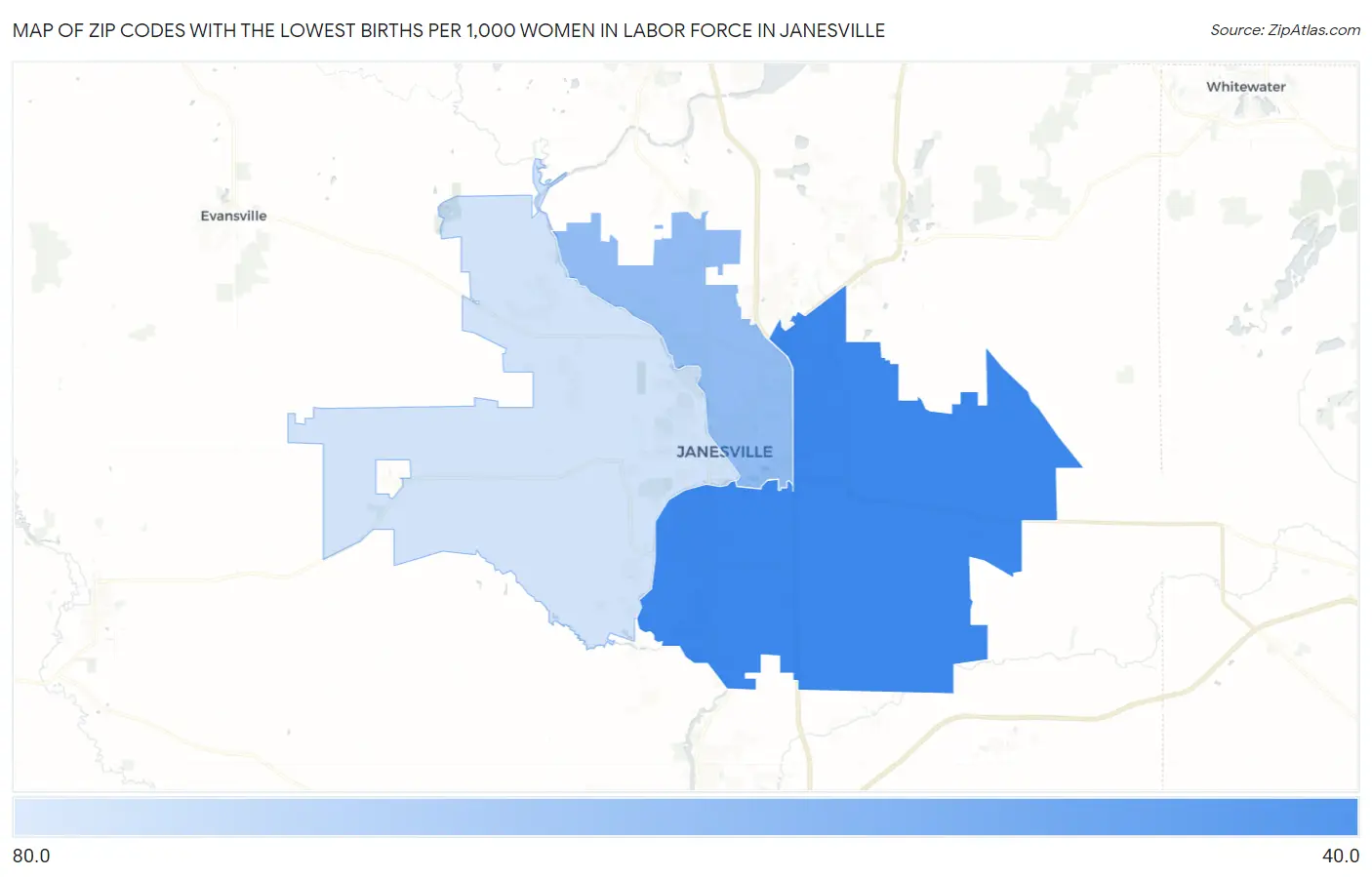 Zip Codes with the Lowest Births per 1,000 Women in Labor Force in Janesville Map