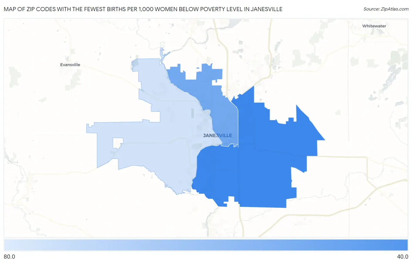 Zip Codes with the Fewest Births per 1,000 Women Below Poverty Level in Janesville Map