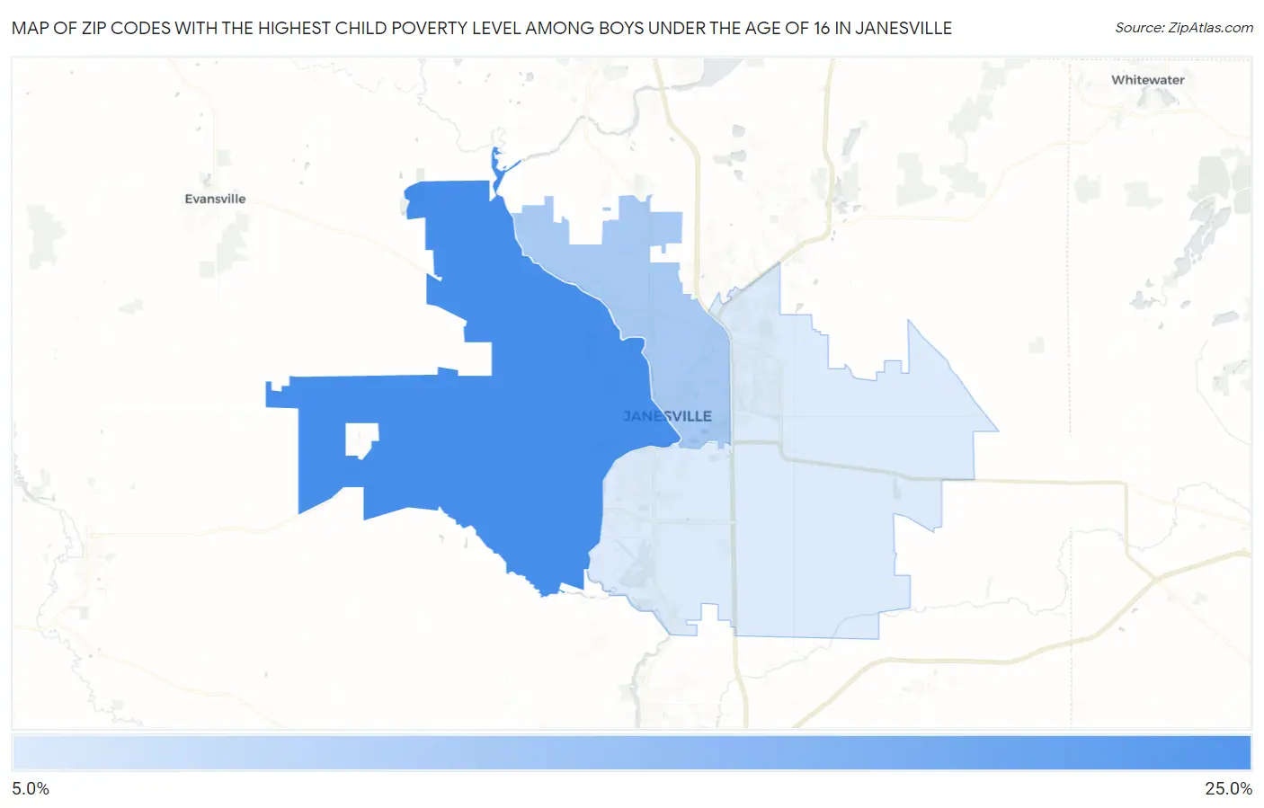 Zip Codes with the Highest Child Poverty Level Among Boys Under the Age of 16 in Janesville Map