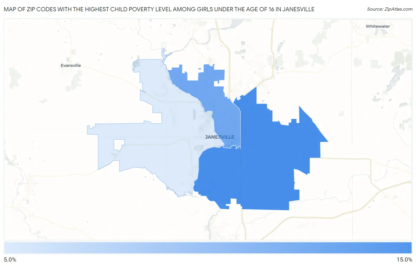 Zip Codes with the Highest Child Poverty Level Among Girls Under the Age of 16 in Janesville Map