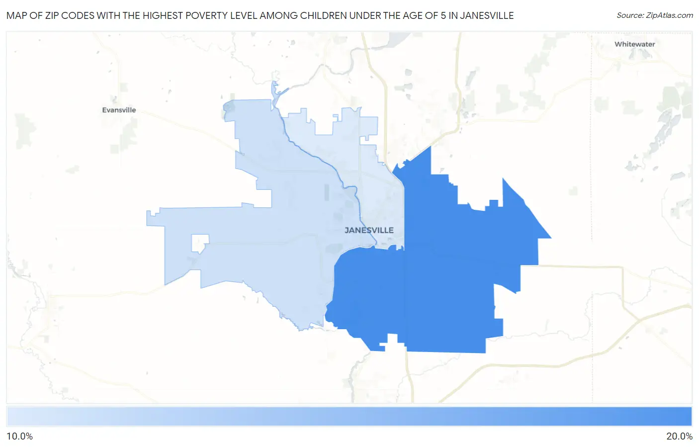 Zip Codes with the Highest Poverty Level Among Children Under the Age of 5 in Janesville Map