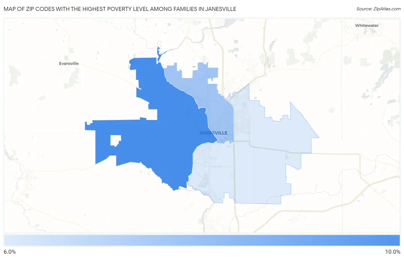Zip Codes with the Highest Poverty Level Among Families in Janesville Map