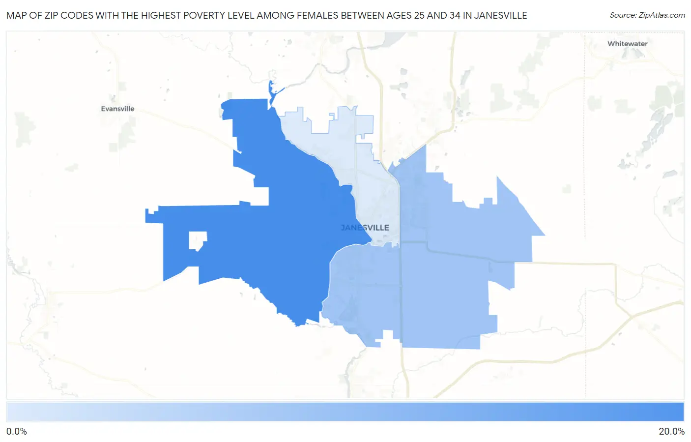 Zip Codes with the Highest Poverty Level Among Females Between Ages 25 and 34 in Janesville Map