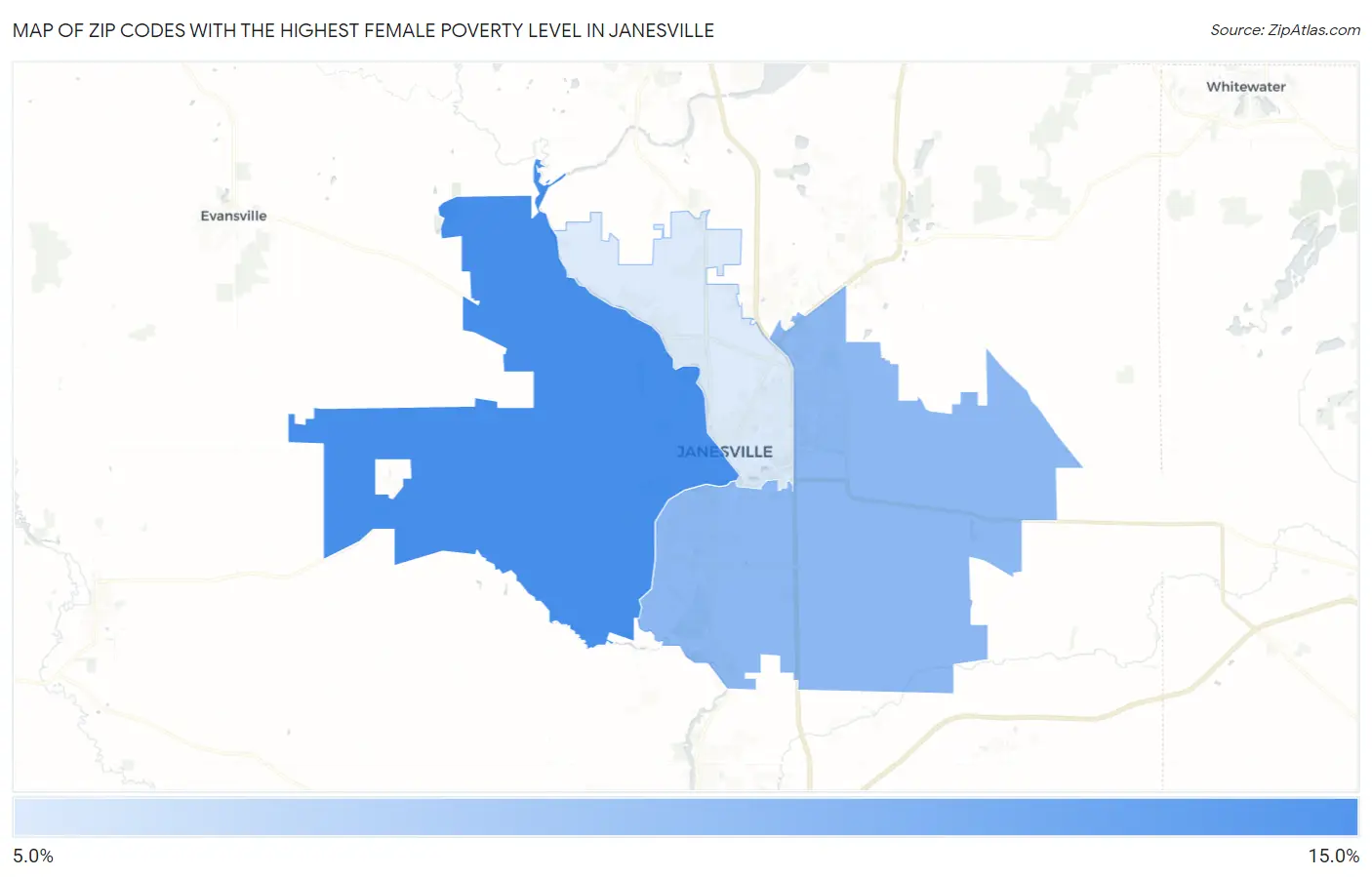 Zip Codes with the Highest Female Poverty Level in Janesville Map