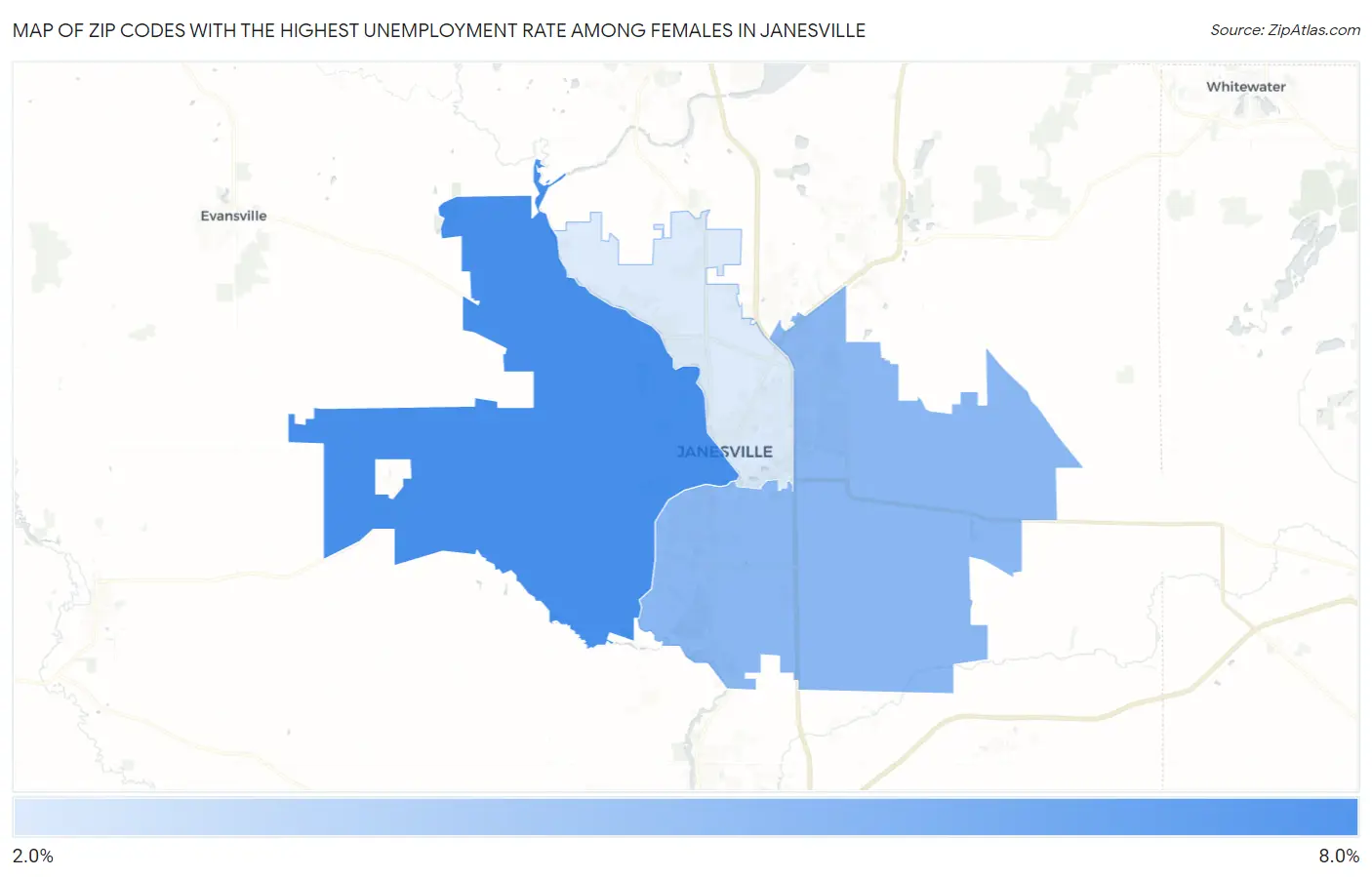 Zip Codes with the Highest Unemployment Rate Among Females in Janesville Map