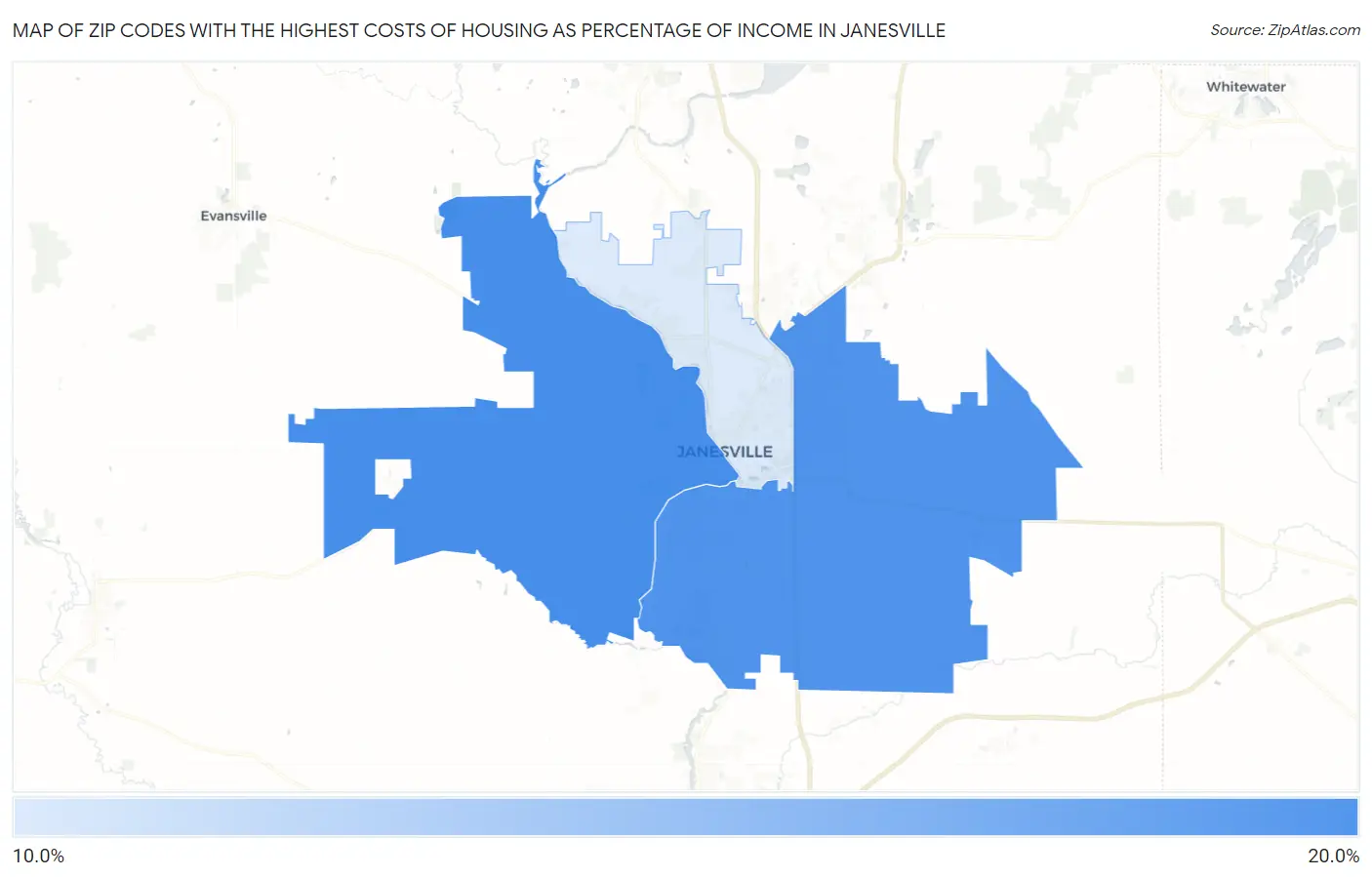 Zip Codes with the Highest Costs of Housing as Percentage of Income in Janesville Map