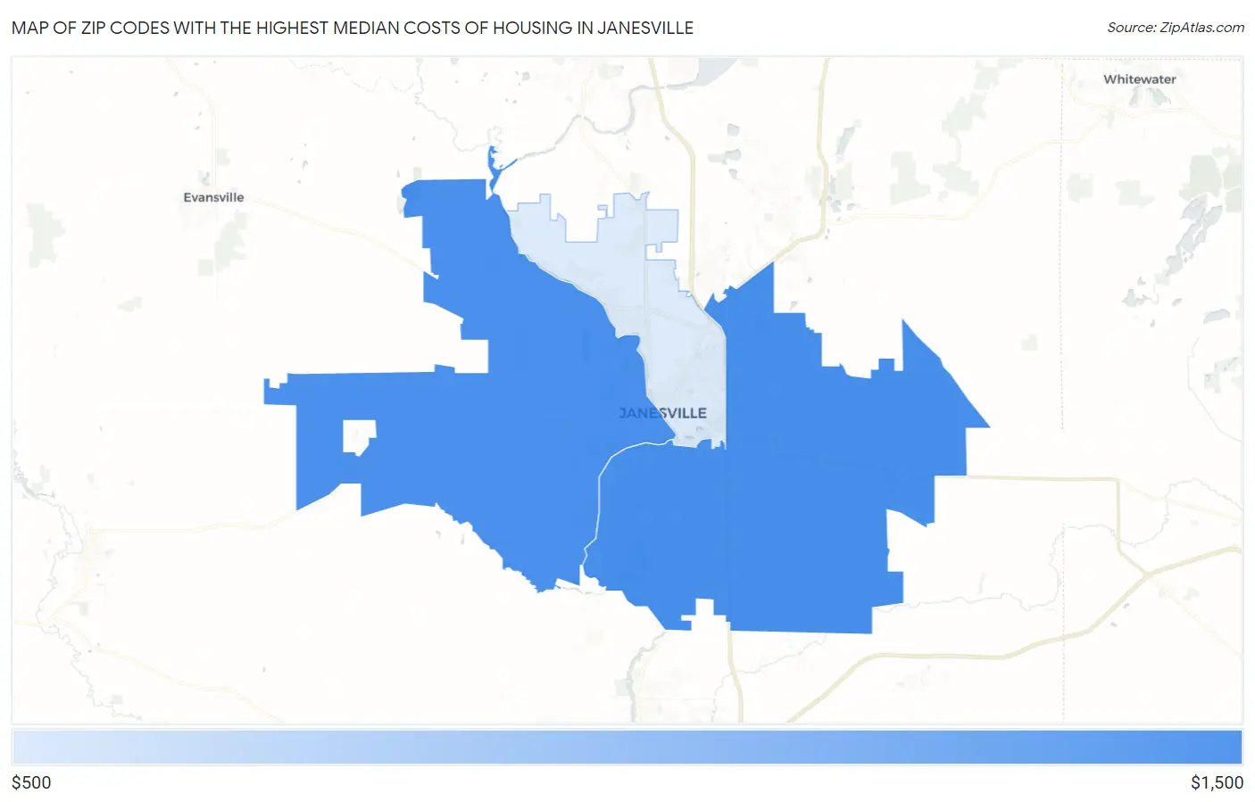 Zip Codes with the Highest Median Costs of Housing in Janesville Map