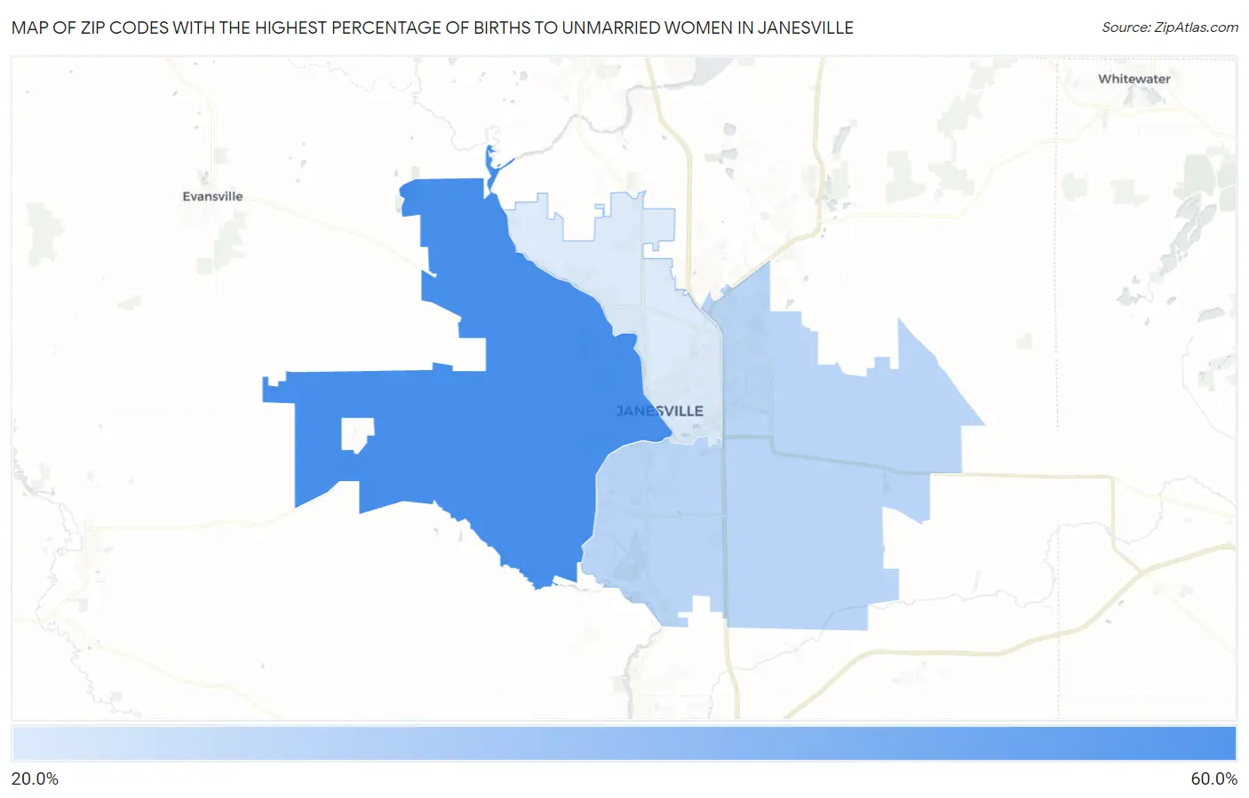 Zip Codes with the Highest Percentage of Births to Unmarried Women in Janesville Map