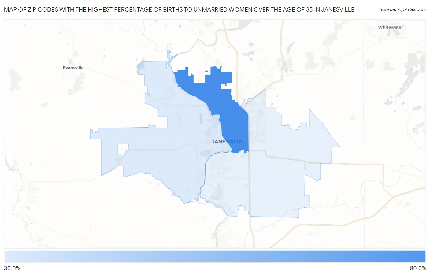 Zip Codes with the Highest Percentage of Births to Unmarried Women over the Age of 35 in Janesville Map