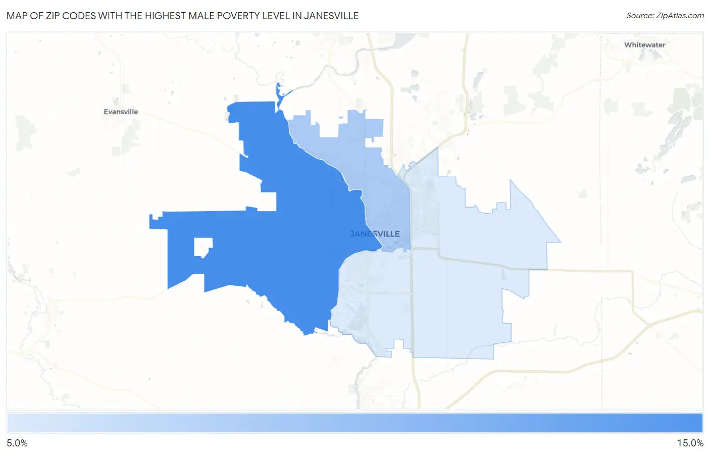 Zip Codes with the Highest Male Poverty Level in Janesville Map