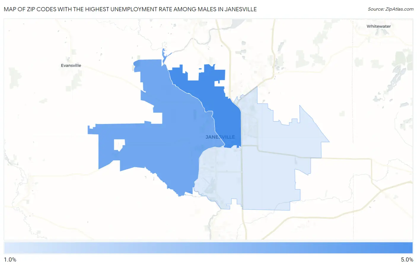 Zip Codes with the Highest Unemployment Rate Among Males in Janesville Map