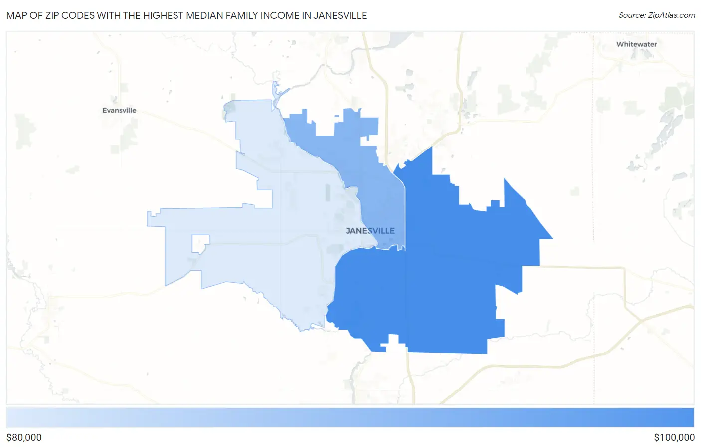 Zip Codes with the Highest Median Family Income in Janesville Map