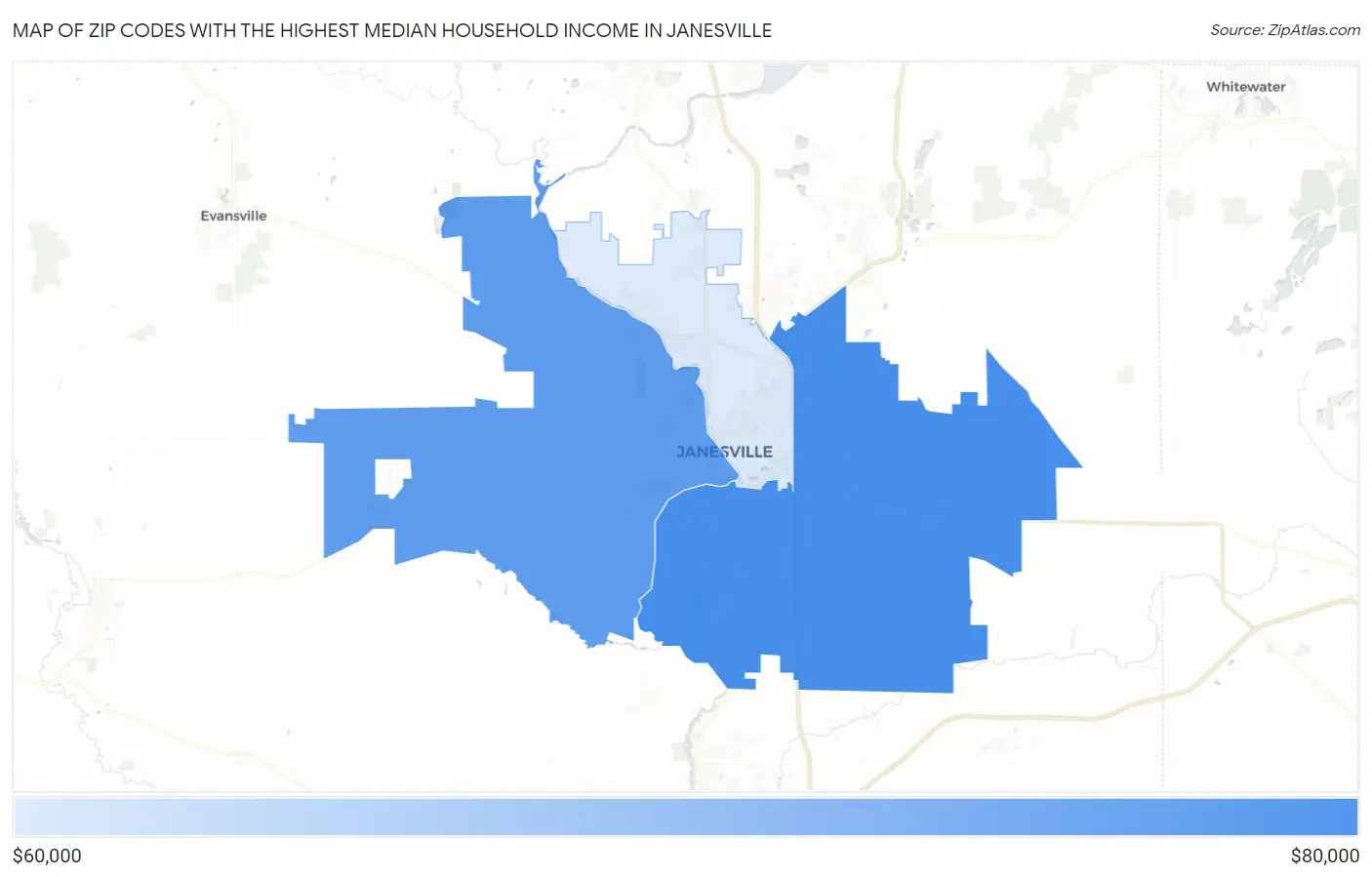 Zip Codes with the Highest Median Household Income in Janesville Map