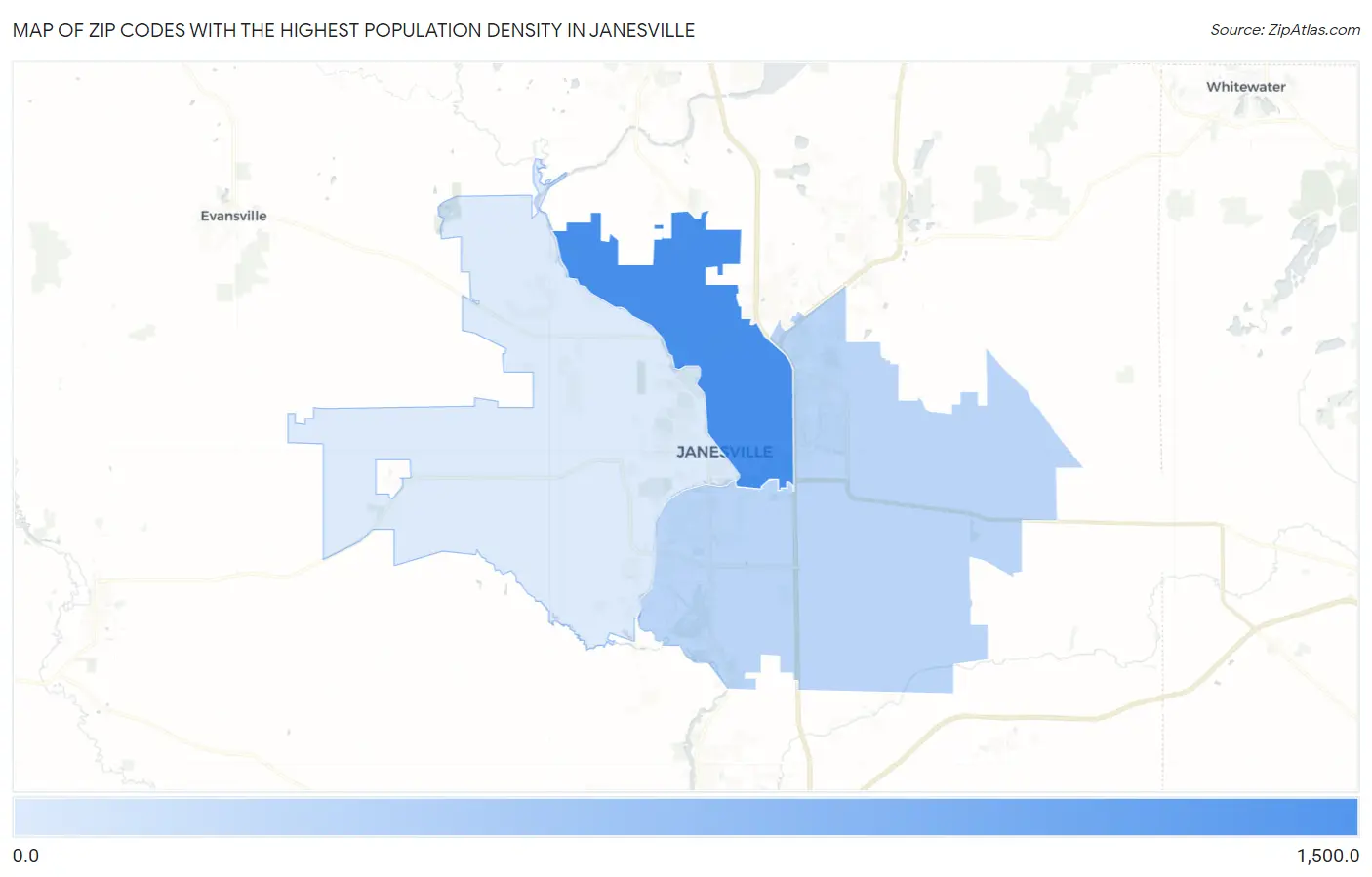 Zip Codes with the Highest Population Density in Janesville Map